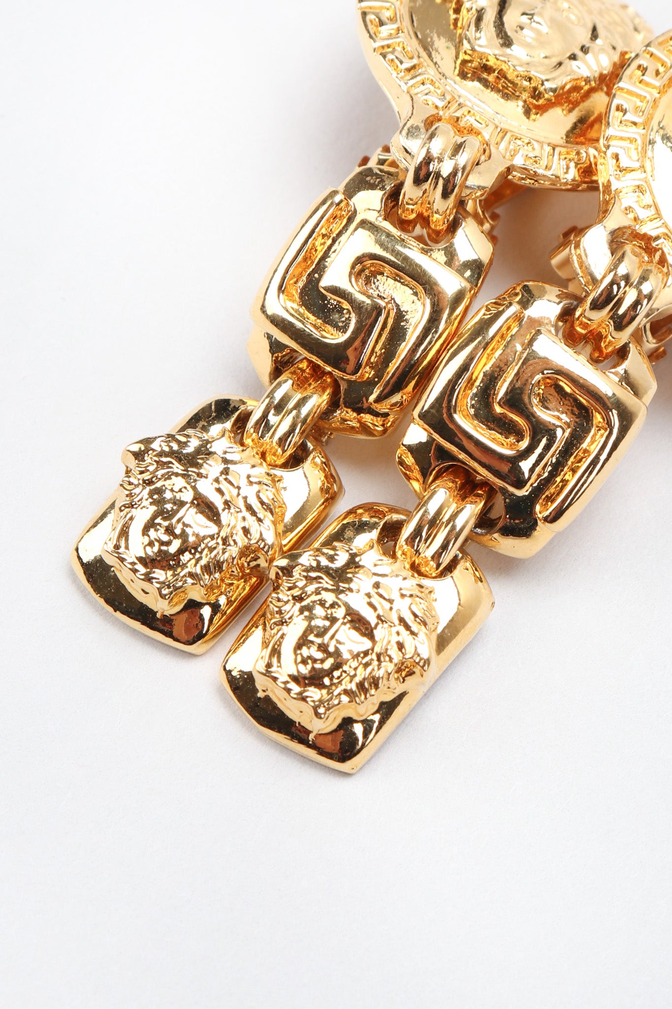 Recess Los Angeles Vintage Gianni Versace Gold Greek Key Medusa Drop Earrings