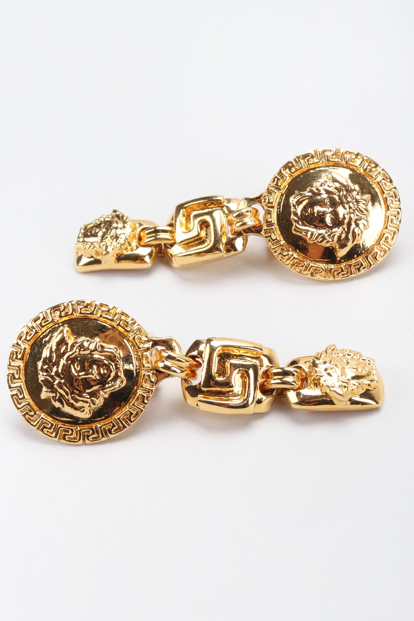 Recess Los Angeles Vintage Gianni Versace Gold Greek Key Medusa Drop Earrings