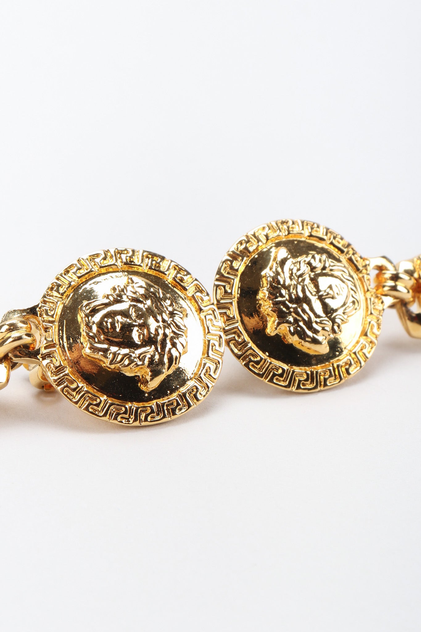 Recess Los Angeles Vintage Gianni Versace Gold Greek Key Medusa Drop Earrings