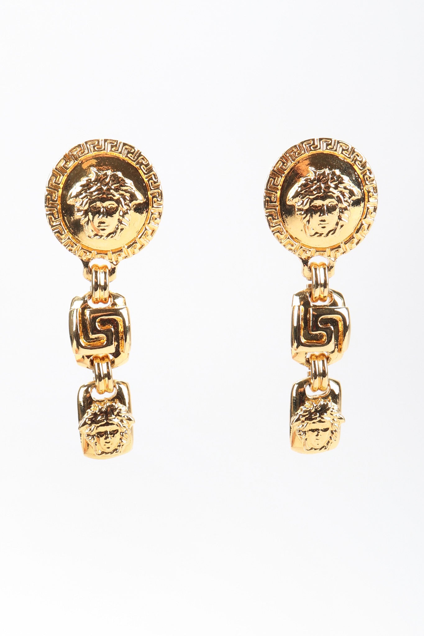 Recess Los Angeles Vintage Gianni Versace Gold Greek Key Medusa Drop Earrings