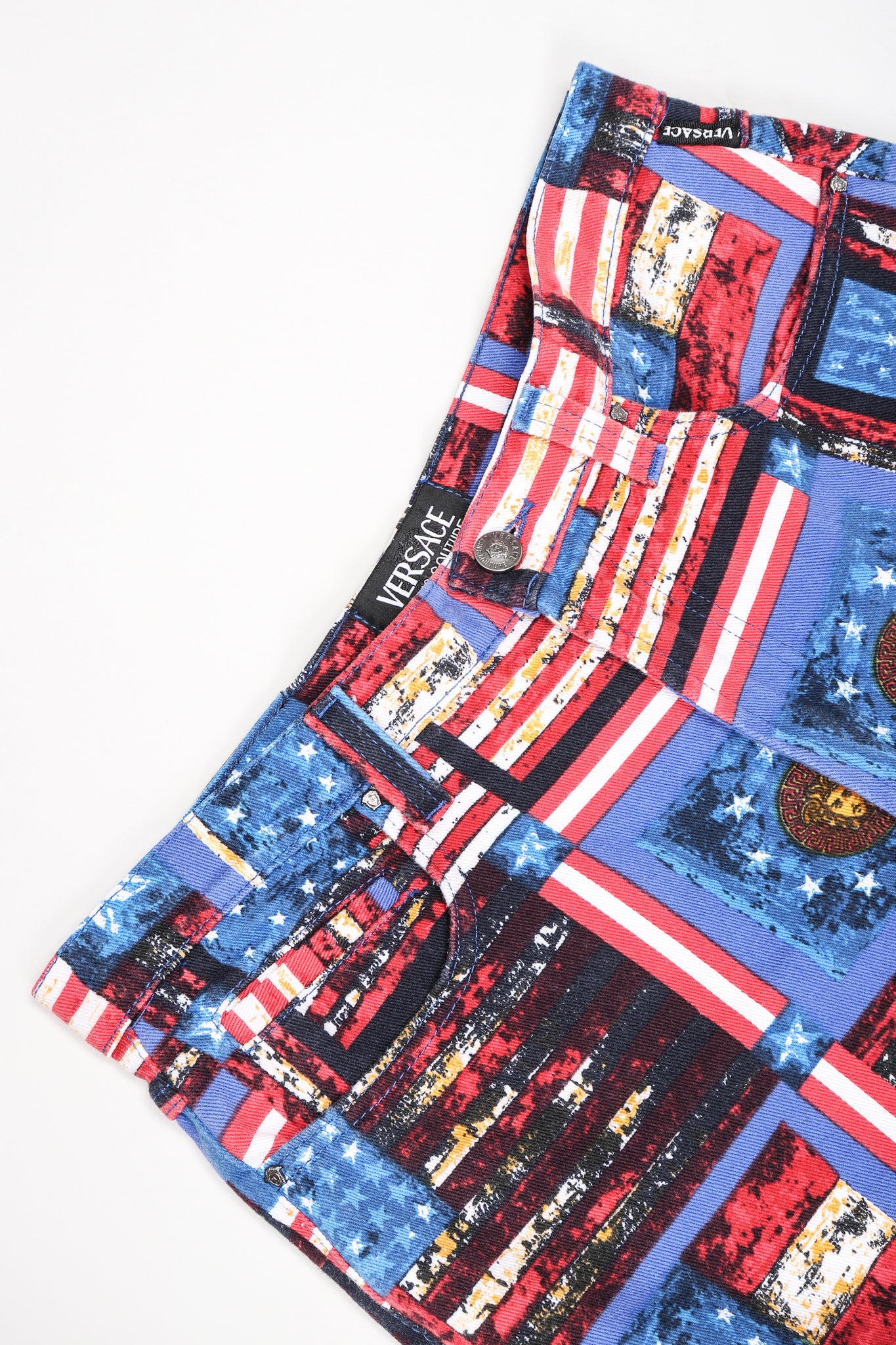 Recess Designer Consignment Vintage Versace Jeans Couture Union Jack Flag Print Jean Los Angeles Resale