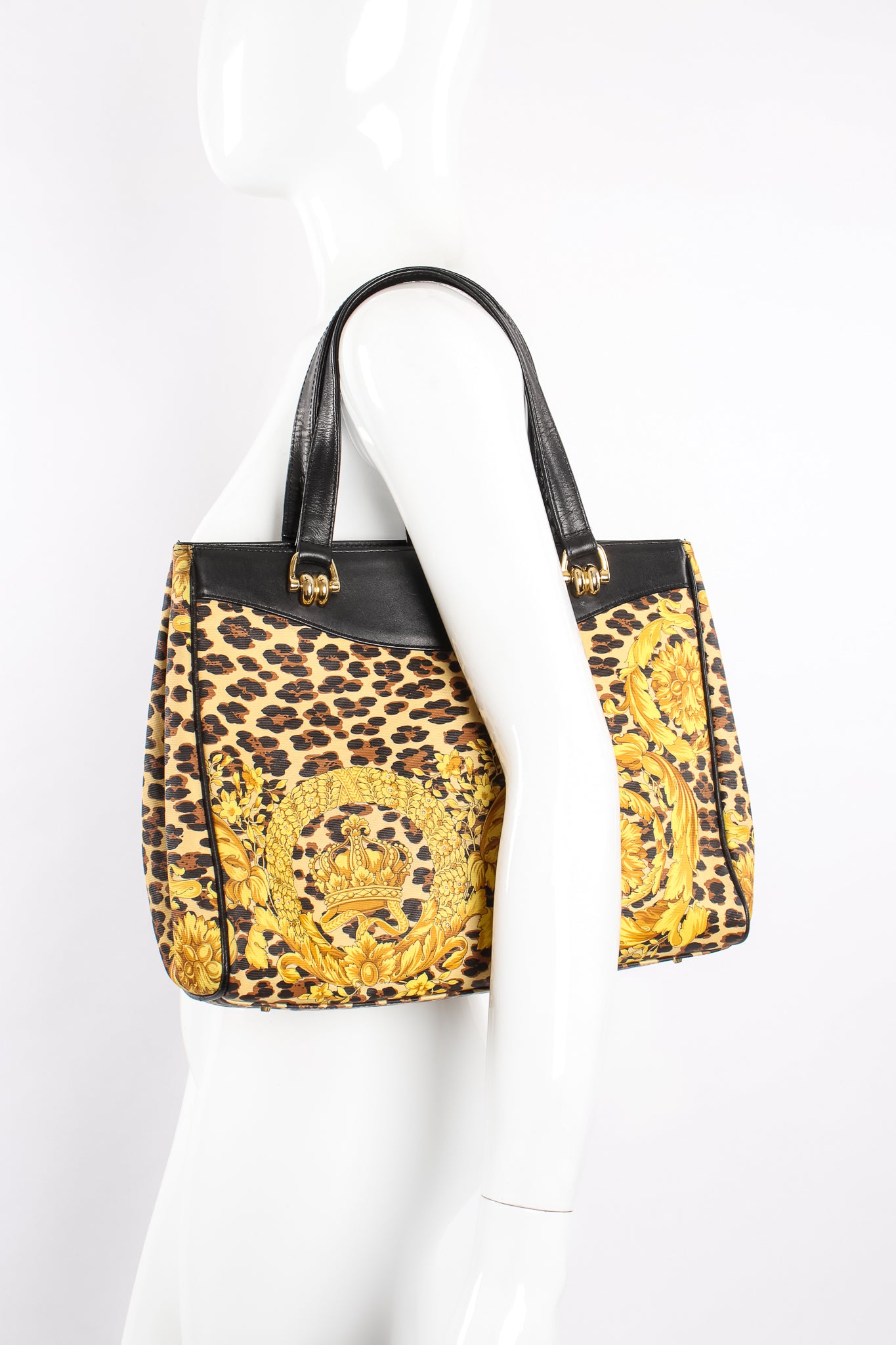 Vintage Gianni Versace Baroque Leopard Print Tote on mannequin at Recess Los Angeles