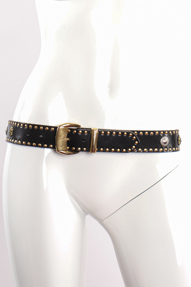 Vintage Versus Gianni Versace Lion Studded Leather Belt on mannequin at Recess Los Angeles