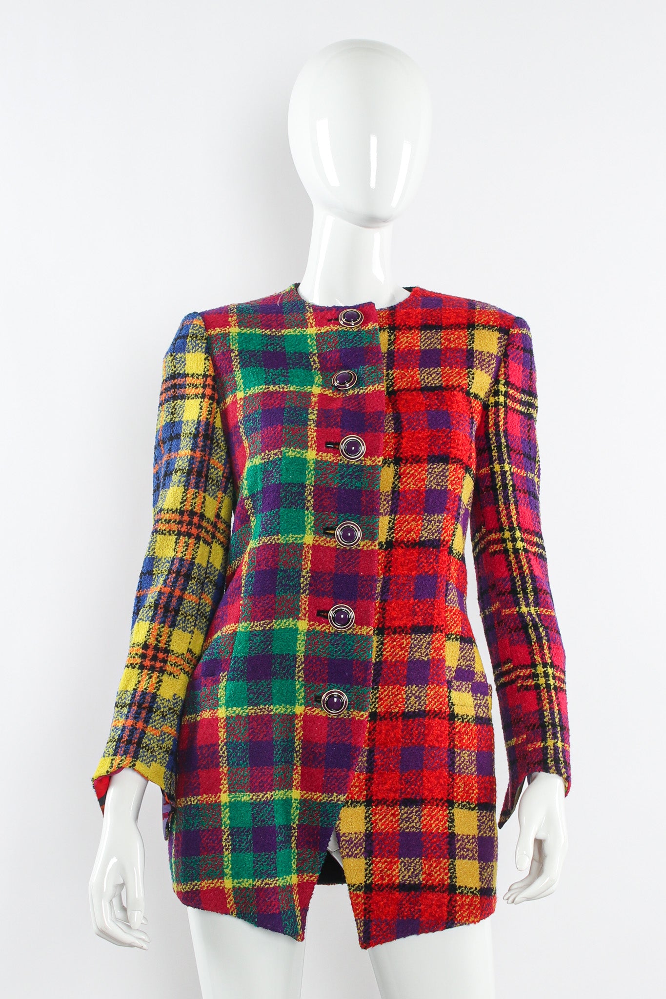 Vintage Gianni Versace 1991 A/W Rainbow Tartan Plaid Jacket mannequin front @ Recess LA