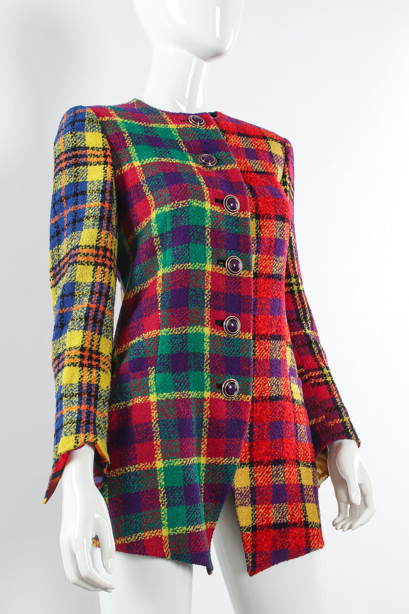 Vintage Gianni Versace 1991 A/W Rainbow Tartan Plaid Jacket mannequin angle @ Recess LA