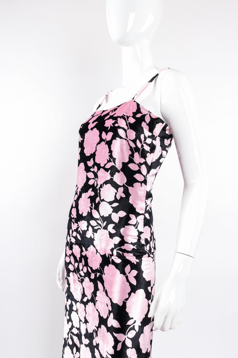 Vintage Versus Gianni Versace Velvet Floral Silhouette Gown on Mannequin angle crop @ Recess LA