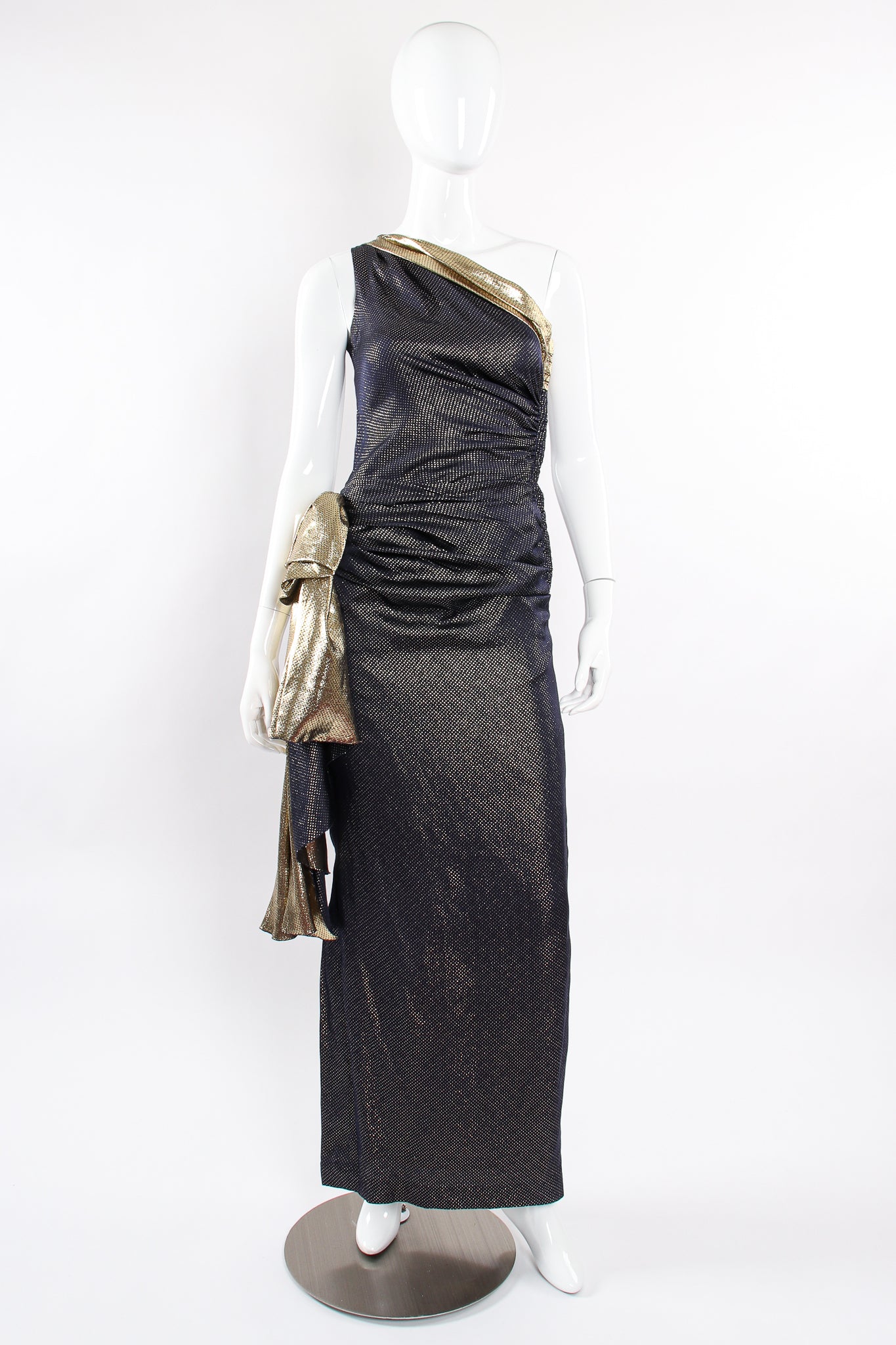 Vintage Vicky Tiel One Shoulder Metallic Dot Sheath Gown on Mannequin front at Recess LA