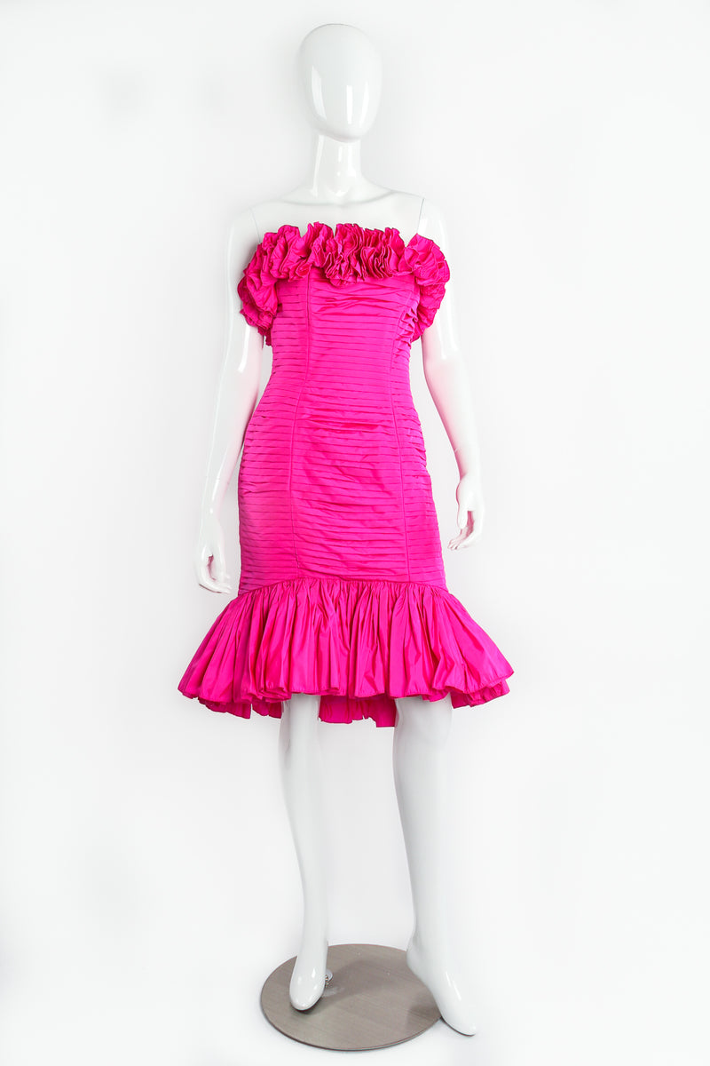 Vintage Victor Costa Ruffle Pleated Strapless Cocktail Dress on Mannequin Front at Recess LA