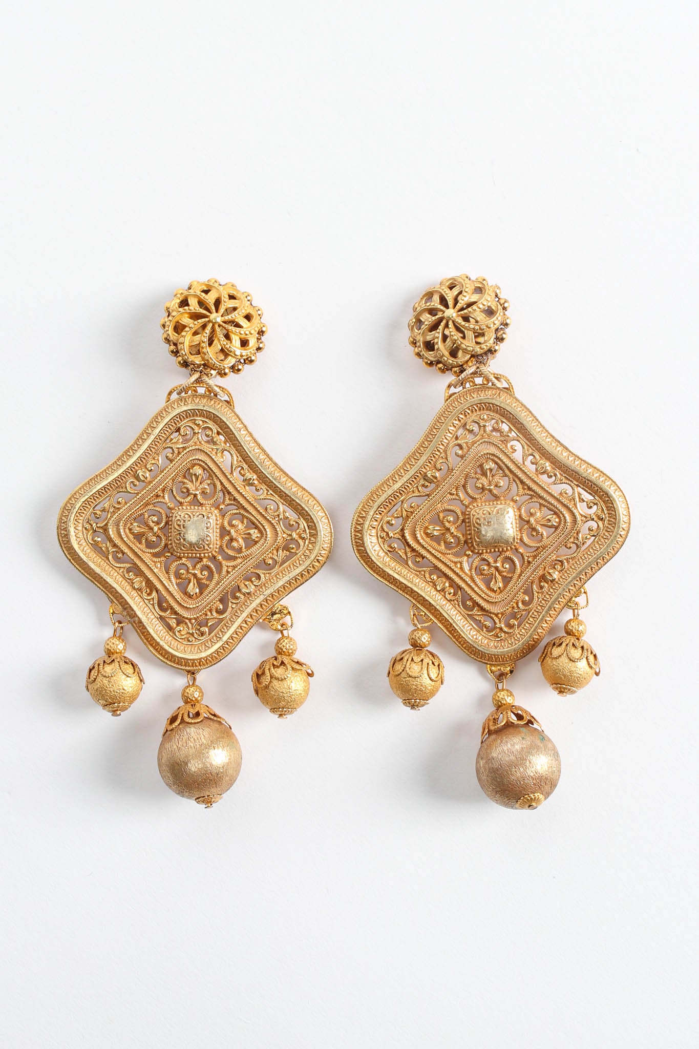 Vintage Lawrence Vrba Fleur Filigree Globe Earrings front side by side flat @ Recess LA