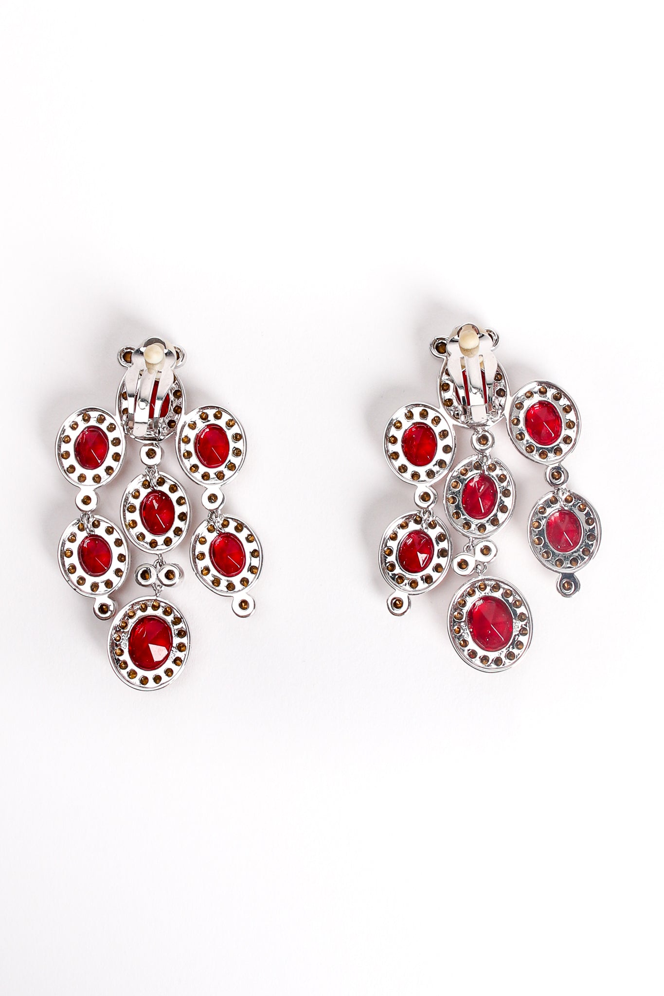 Vintage Ruby Rhinestone Chandelier Earrings backside at Recess Los Angeles