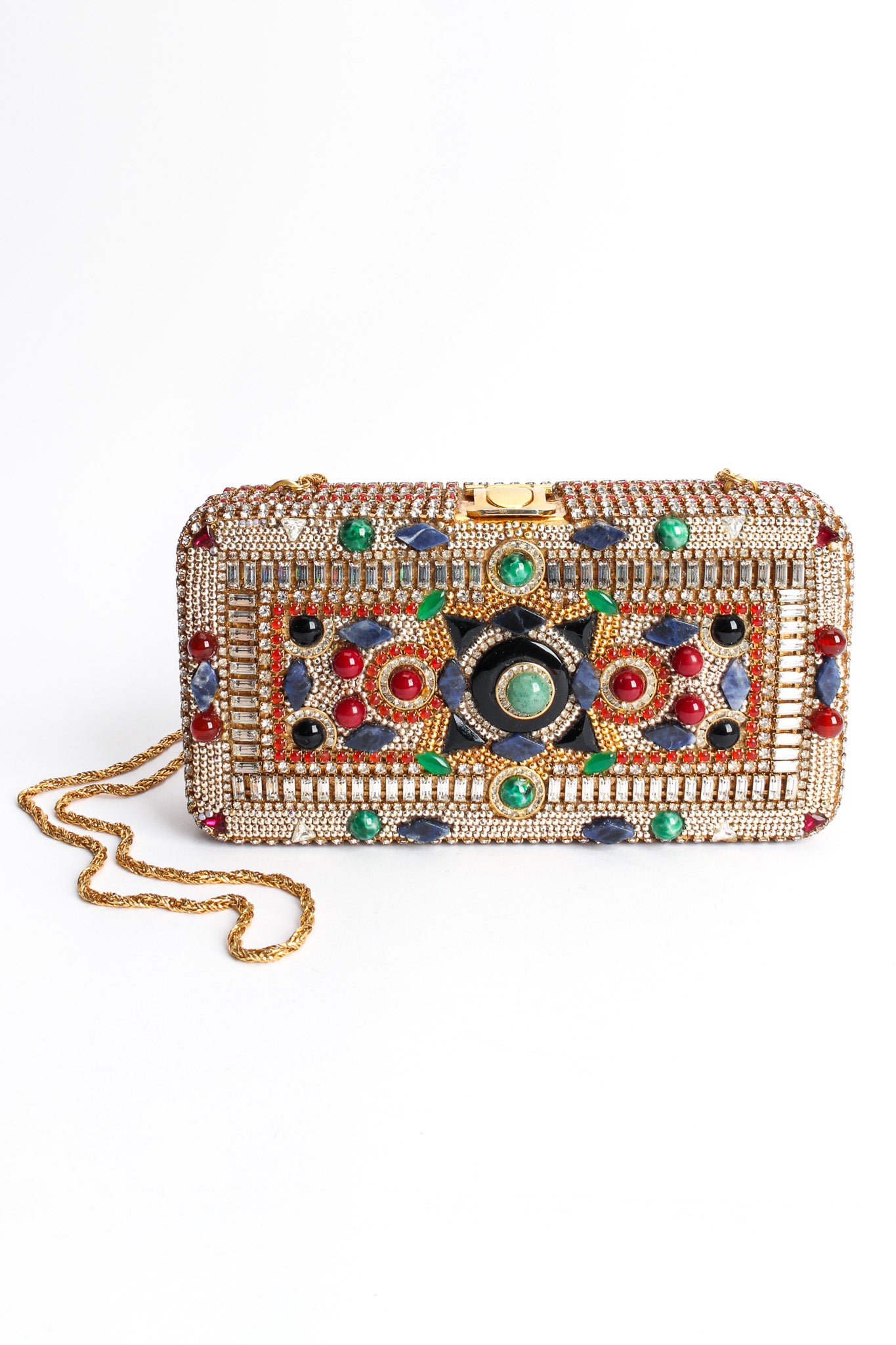 Vintage Walborg Glass Stone & Rhinestone Box Clutch front with chain @ Recess LA