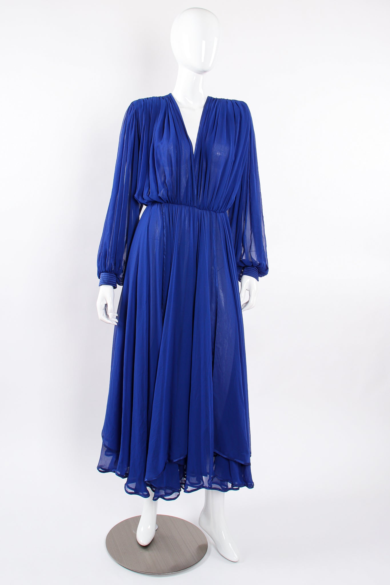 Vintage Wayne Clark Layered Chiffon Plunge Balloon Sleeve Gown on Mannequin front @ Recess LA