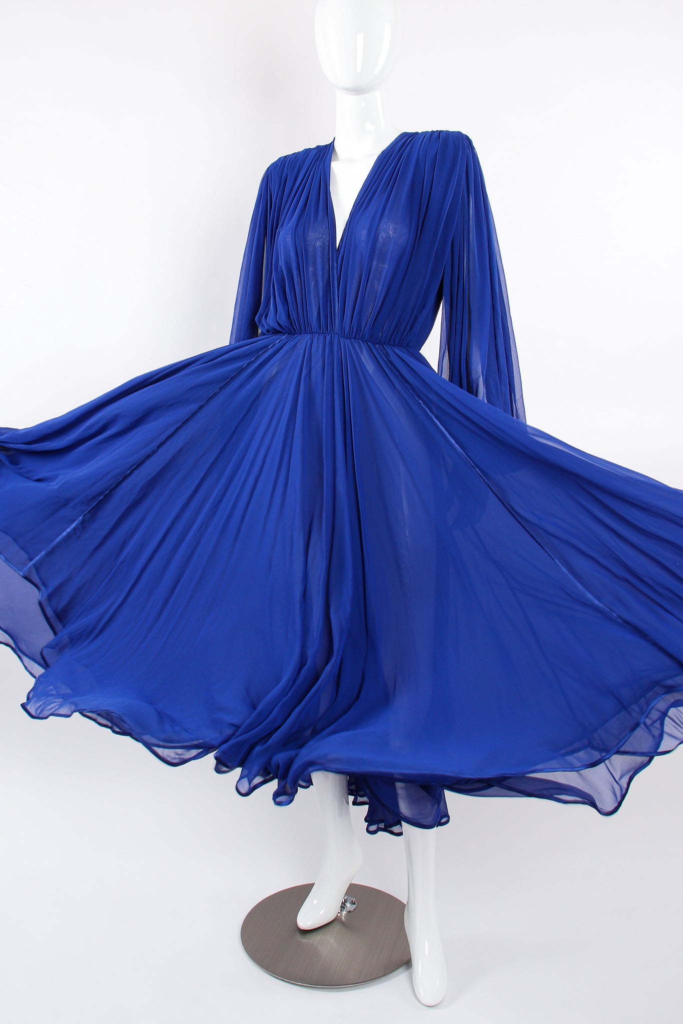 Vintage Wayne Clark Layered Chiffon Plunge Balloon Sleeve Gown on Mannequin flow at Recess LA