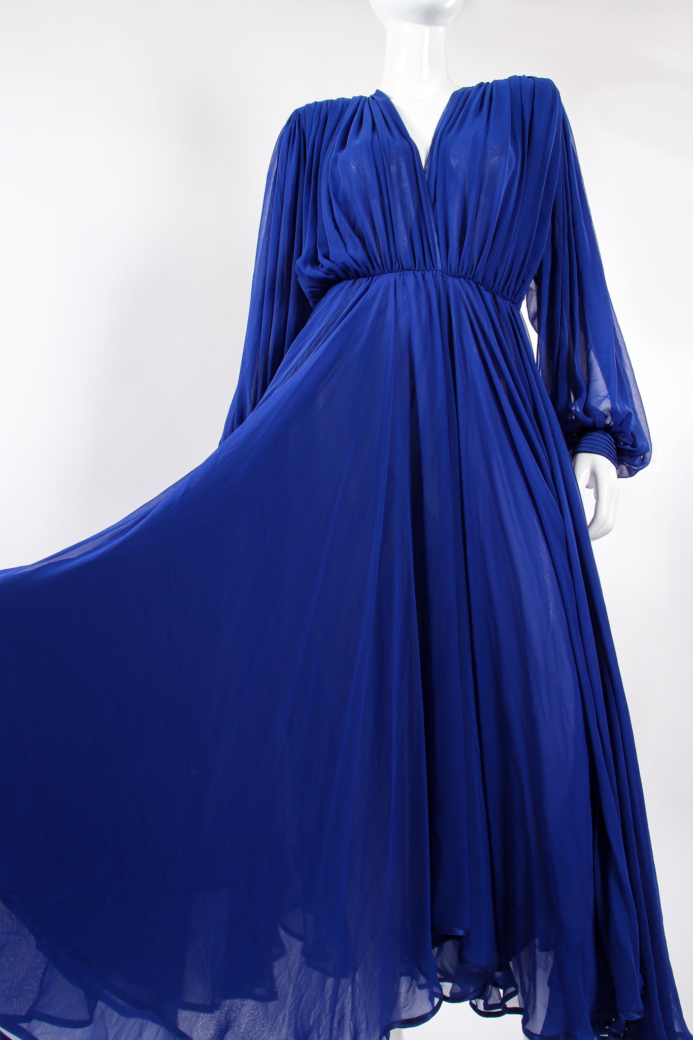 Vintage Wayne Clark Layered Chiffon Plunge Balloon Sleeve Gown on Mannequin skirt @ Recess LA