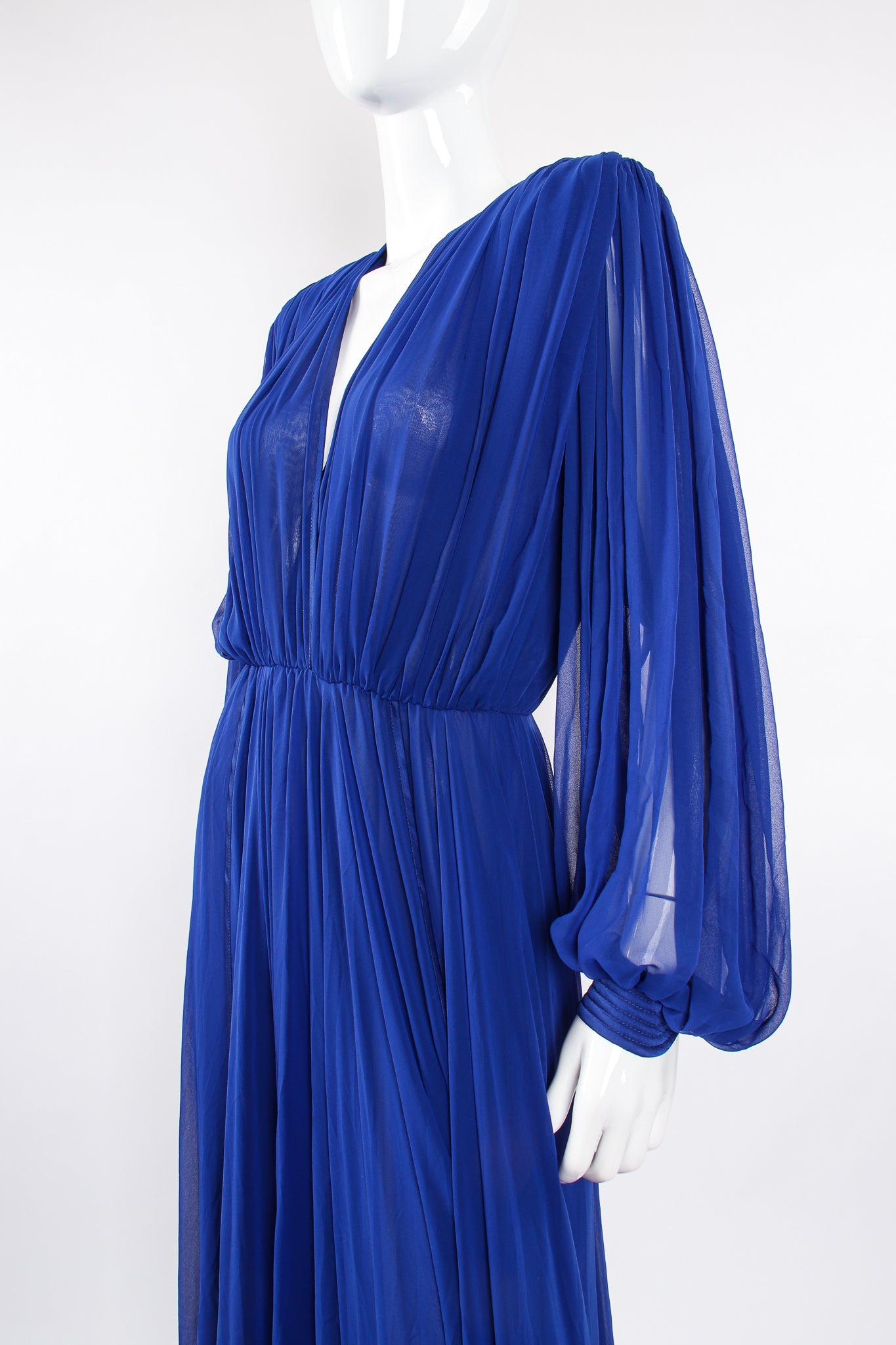 Vintage Wayne Clark Layered Chiffon Plunge Balloon Sleeve Gown on Mannequin crop at Recess LA