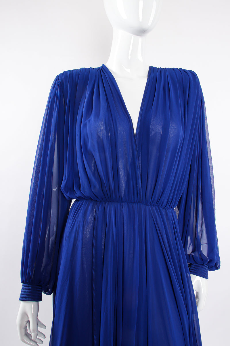 Vintage Wayne Clark Layered Chiffon Plunge Balloon Sleeve Gown on Mannequin bust @ Recess LA