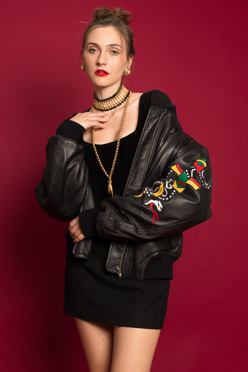 Vintage North Beach Leather Embroidered Rocker Leather Bomber on Model @ Recess LA