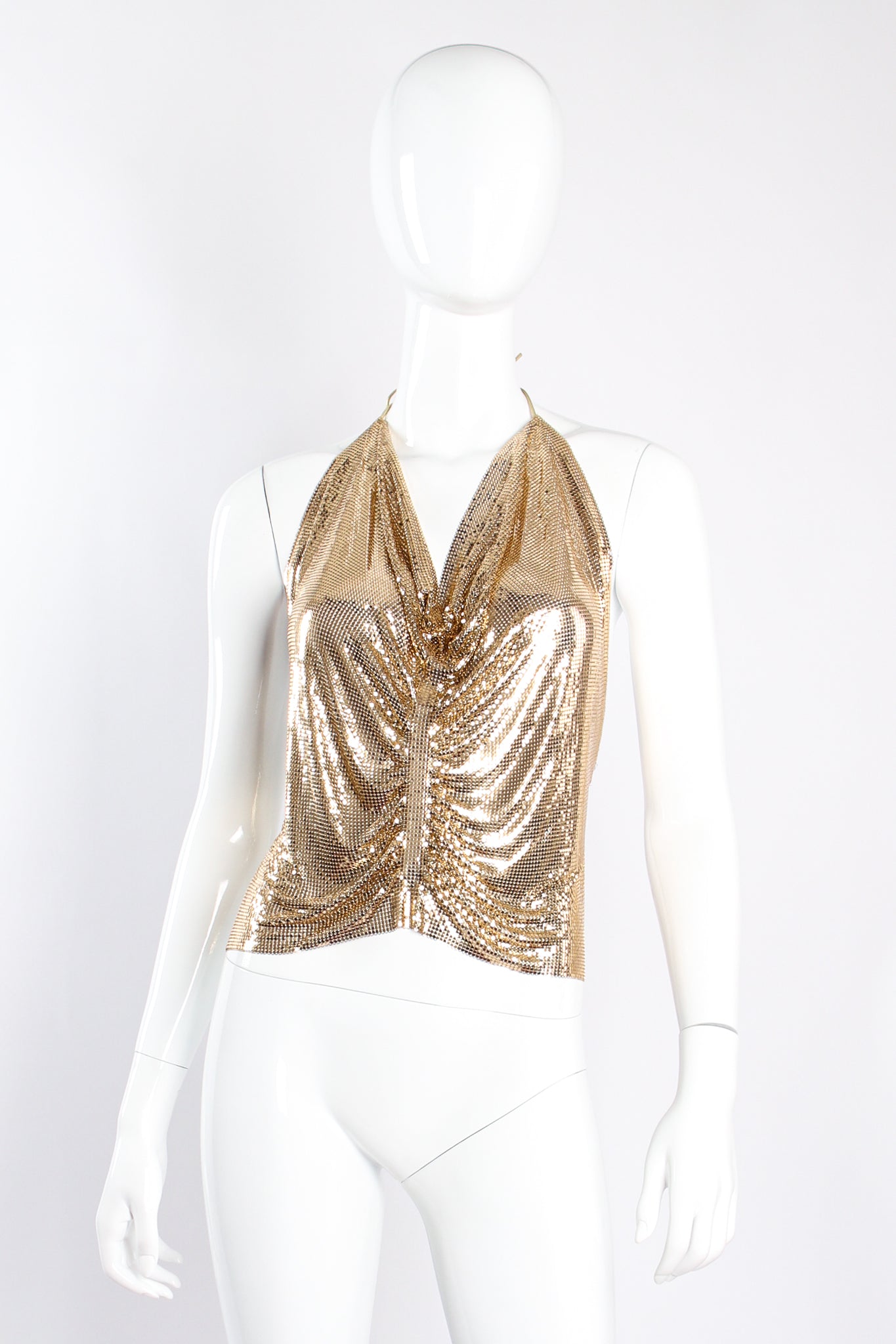 Vintage Whiting & Davis Ferrara Metal Mesh Center Ruched Halter on mannequin front at Recess LA