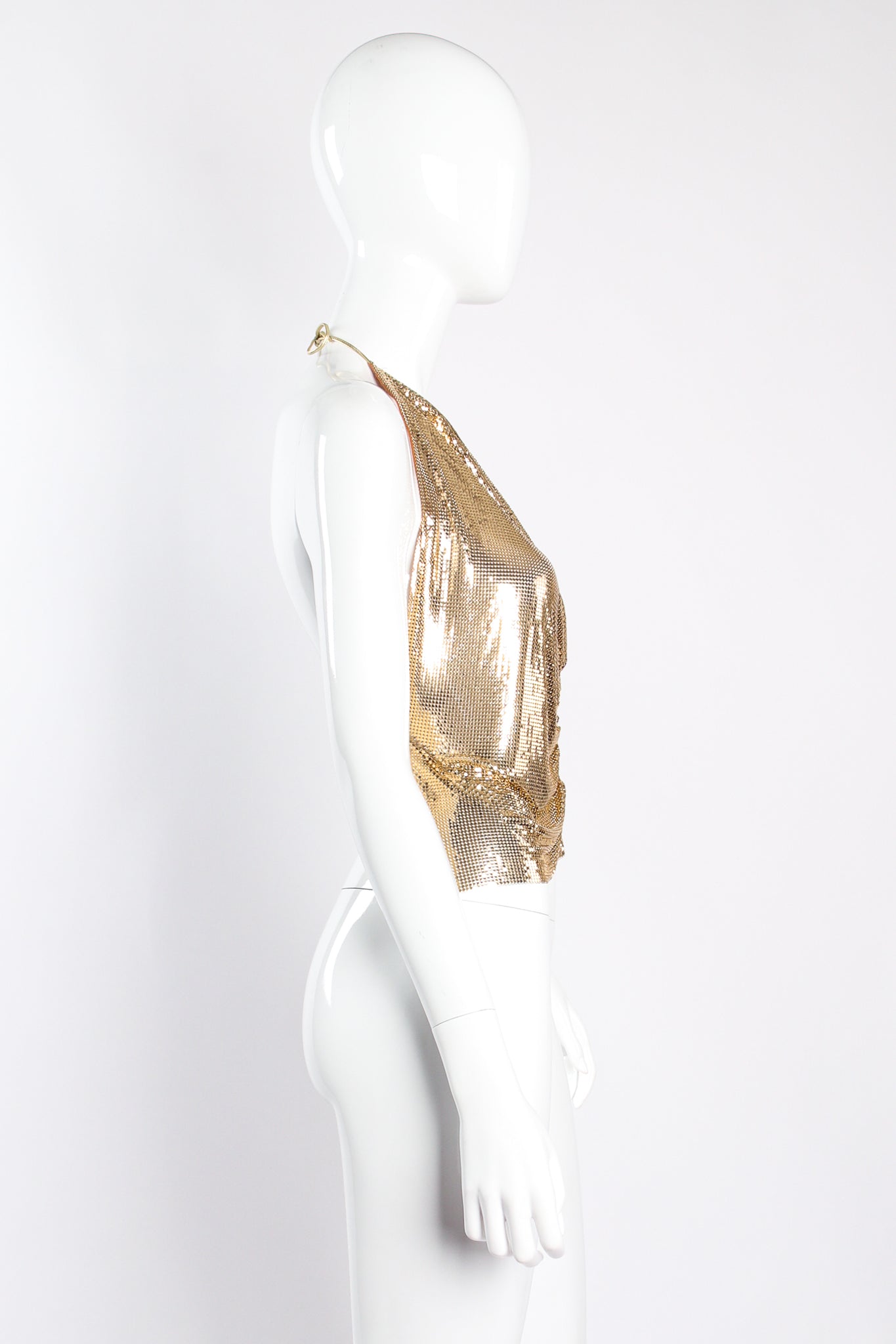 Vintage Whiting & Davis Ferrara Metal Mesh Center Ruched Halter on mannequin side at Recess LA