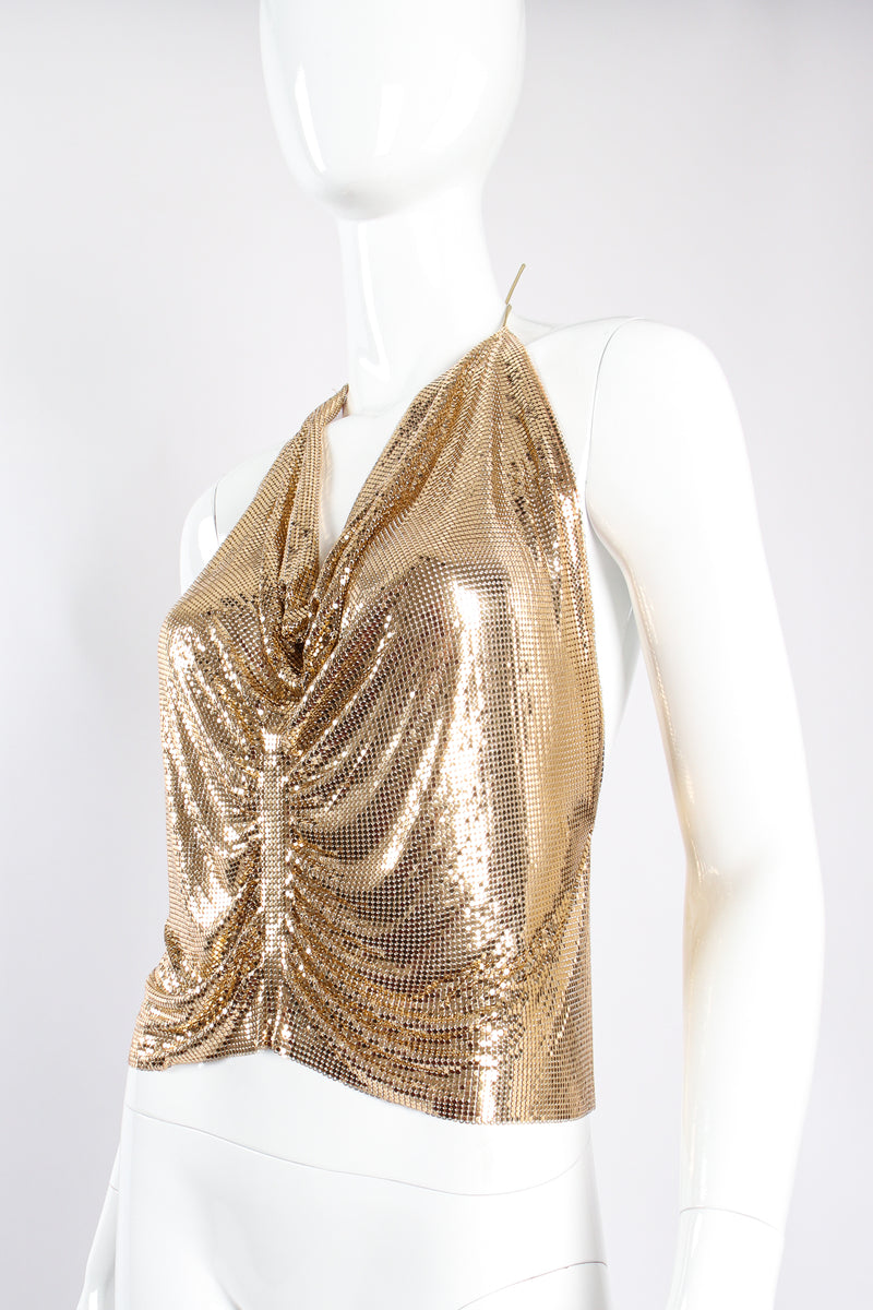 Vintage Whiting & Davis Ferrara Metal Mesh Center Ruched Halter on mannequin angle at Recess LA