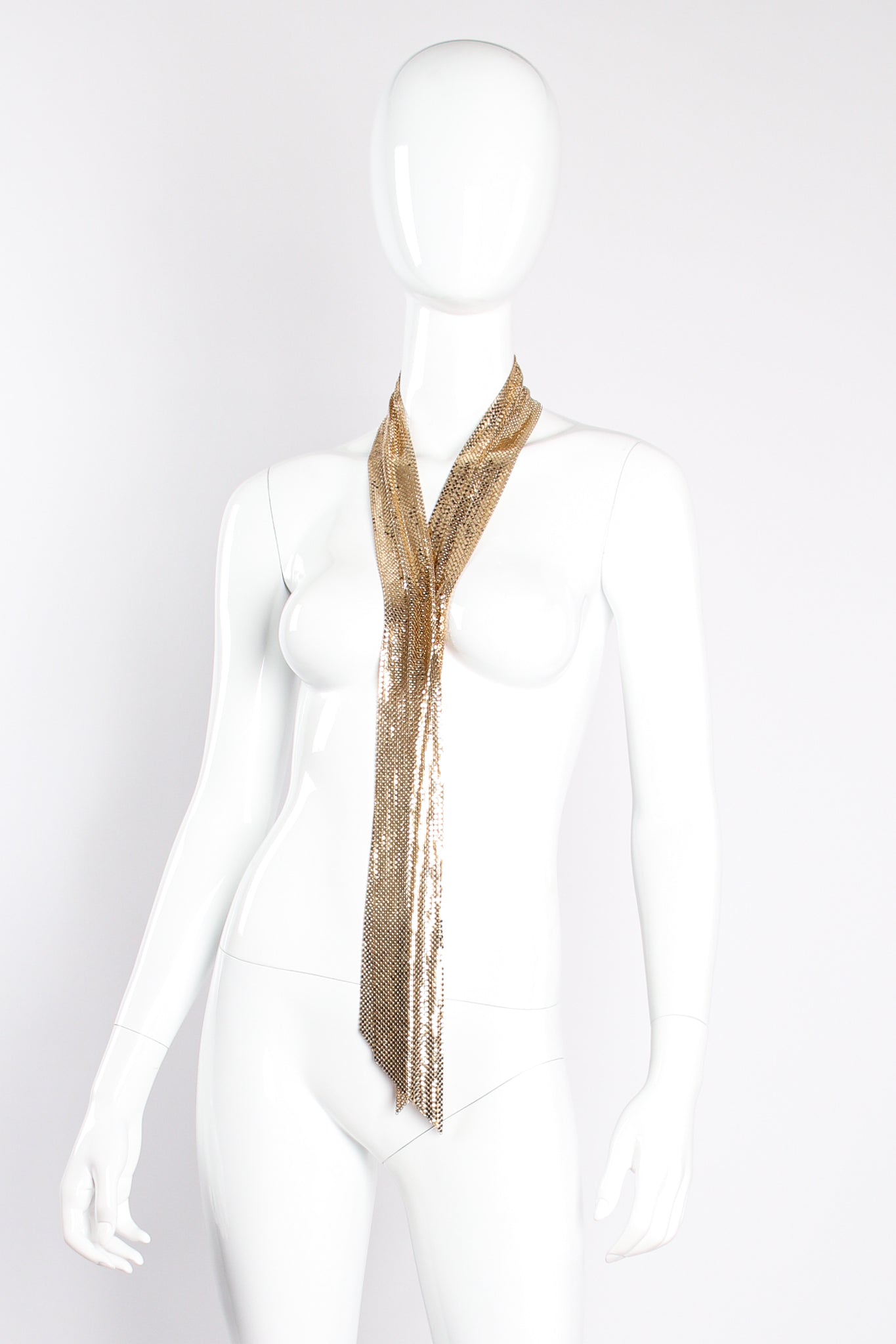 Vintage Whiting & Davis Gold Metal Mesh Scarf Sash Tie on mannequin at Recess Los Angeles