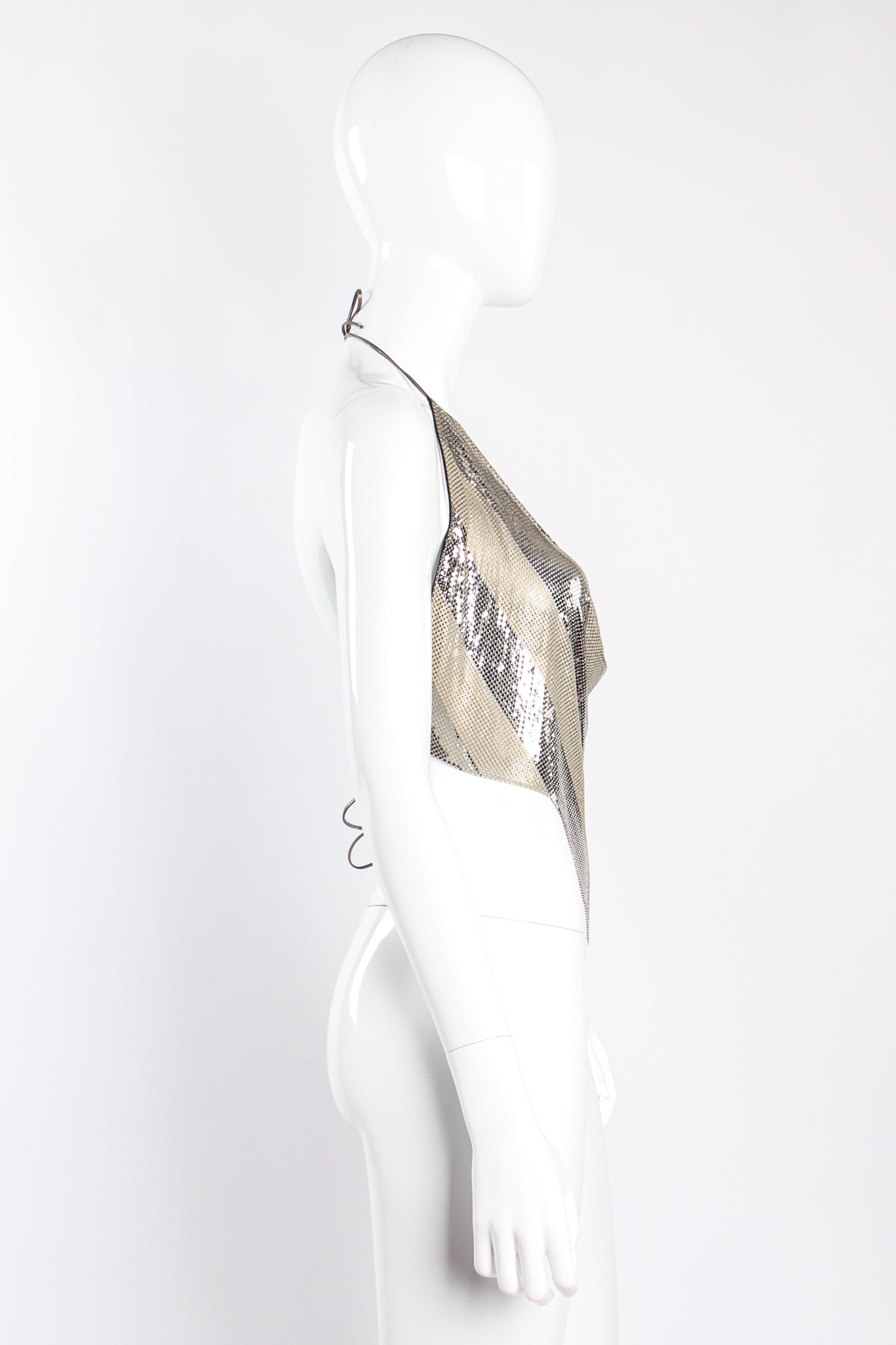 Vintage Whiting & Davis Ferrara Chevron Pointed Metal Mesh Halter on mannequin side at Recess Los Angeles