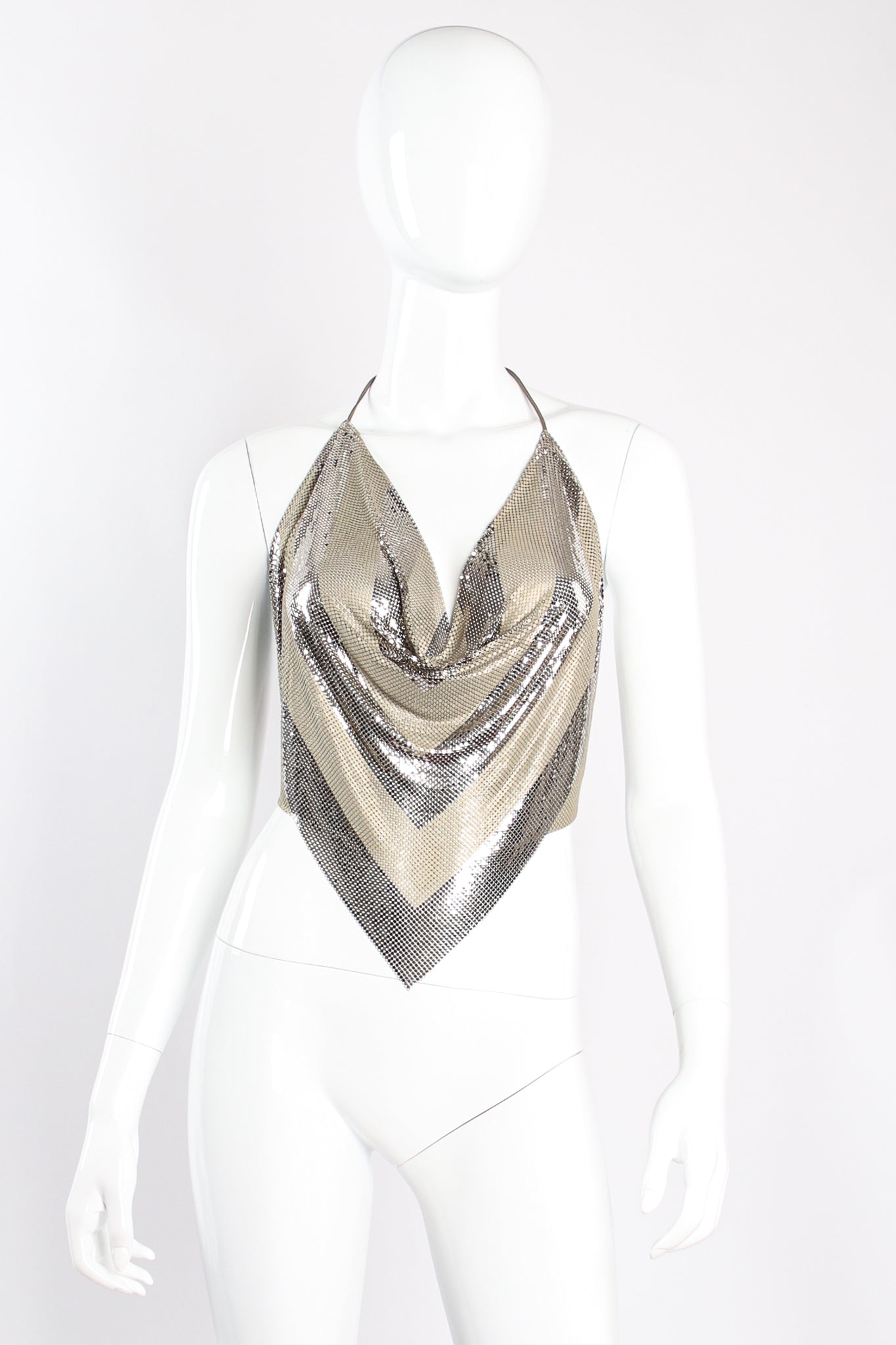 Vintage Whiting & Davis Ferrara Chevron Pointed Metal Mesh Halter on mannequin front at Recess Los Angeles