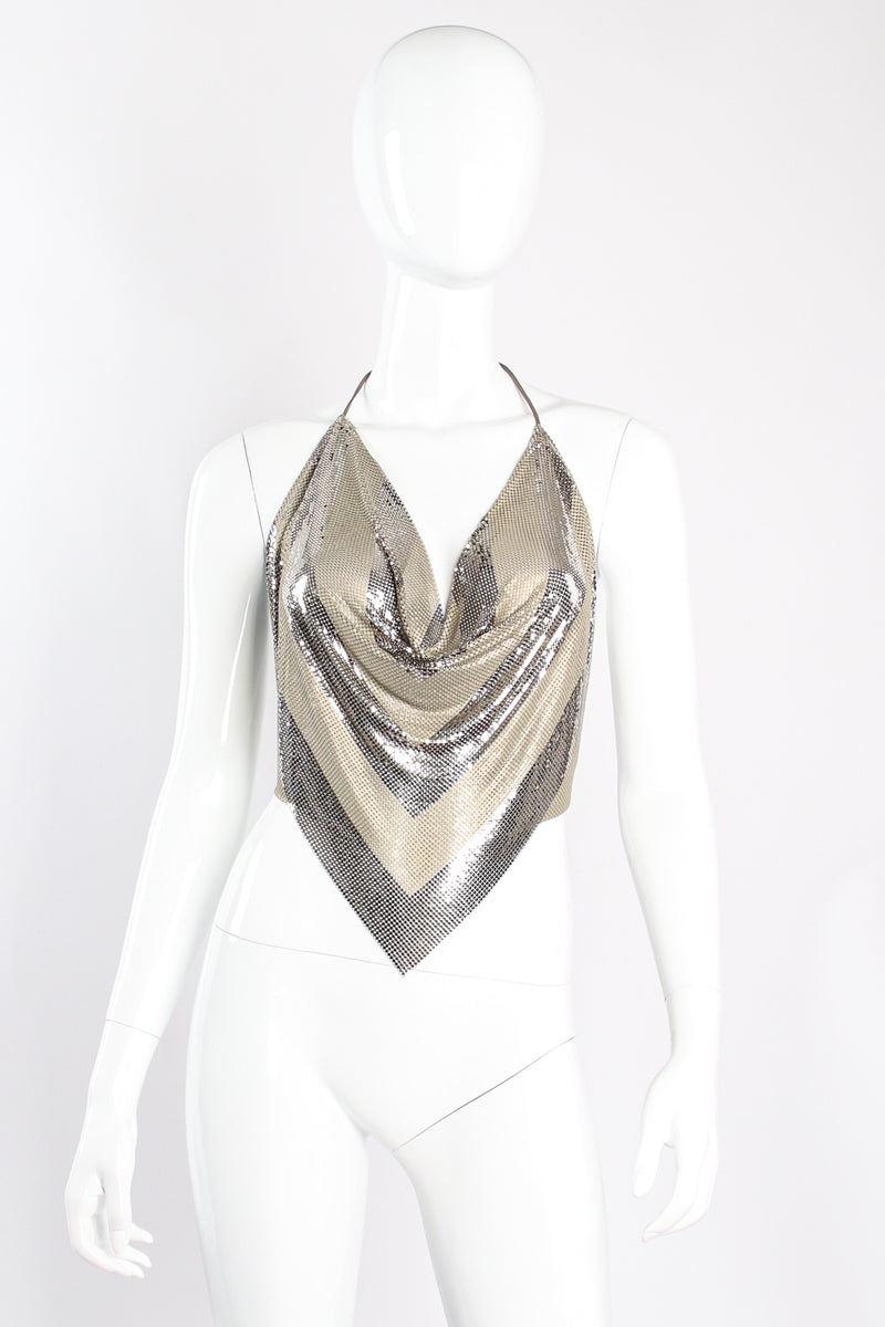 Vintage Whiting & Davis Ferrara Chevron Pointed Metal Mesh Halter on mannequin front at Recess Los Angeles