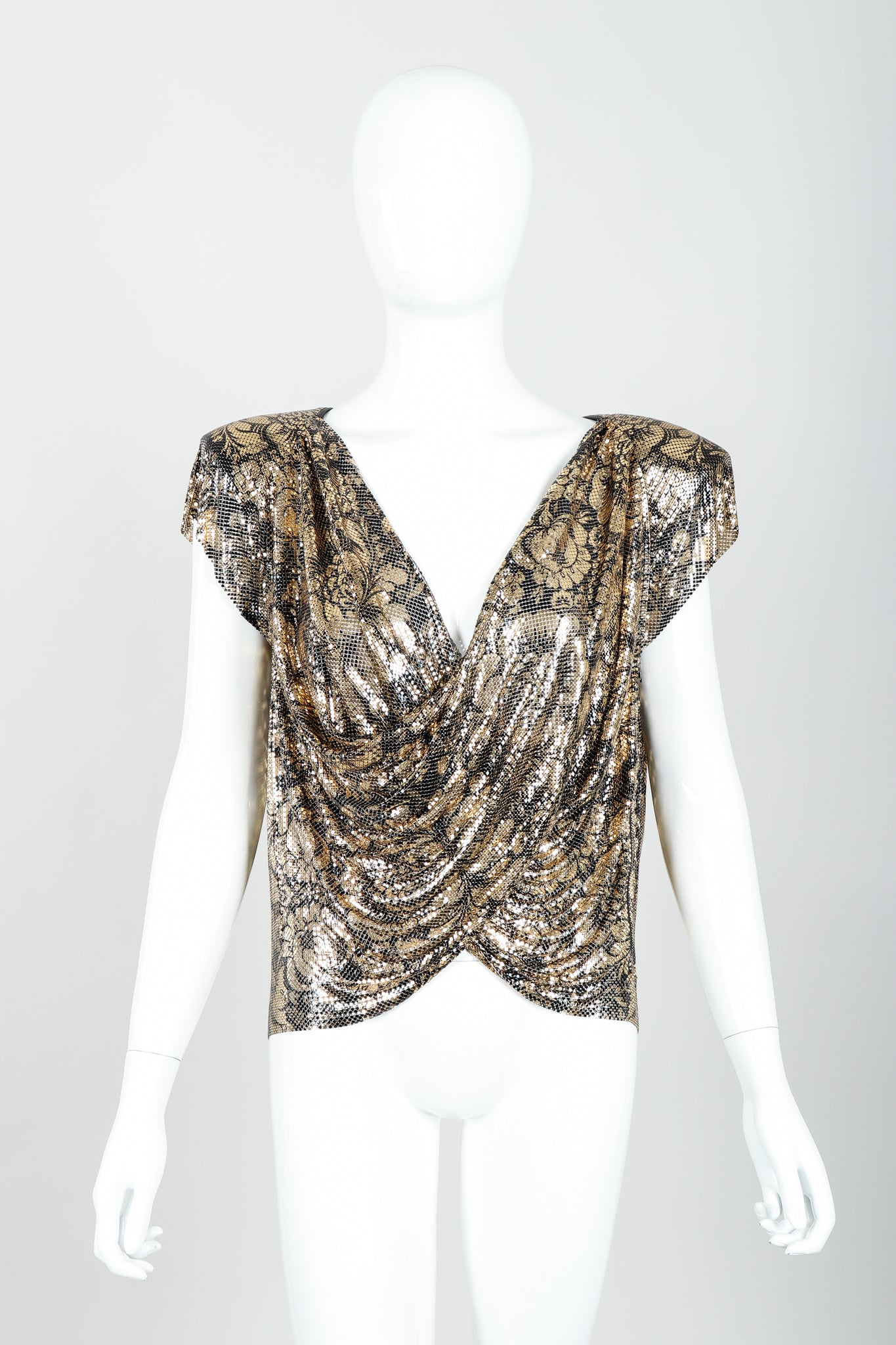 Vintage Whiting & Davis Floral Print Draped Mesh Top on Mannequin front at Recess Los Angeles