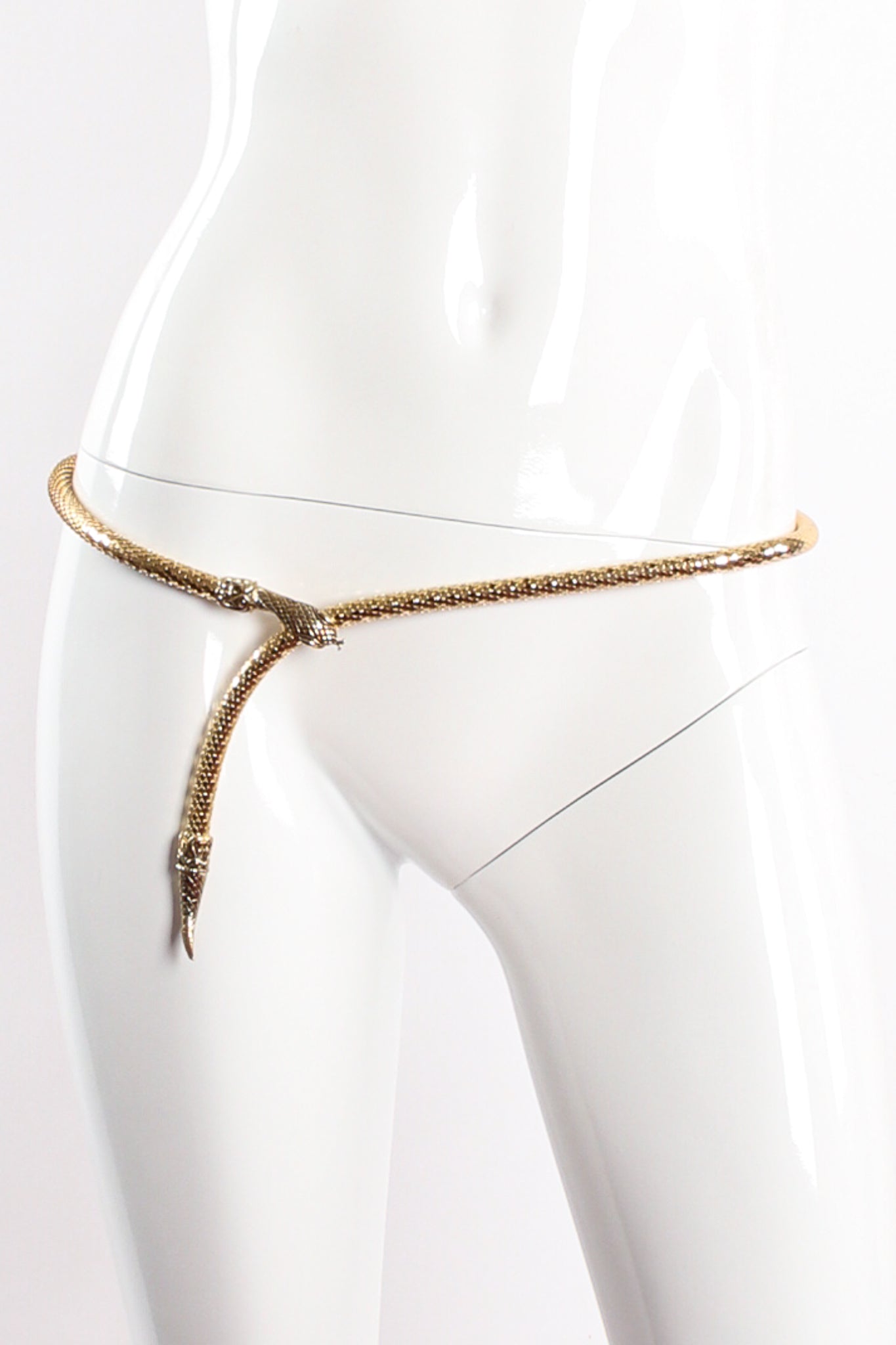 Vintage Whiting & Davis Signature Gold Metal Mesh Snake Belt on mannequin at Recess Los Angeles