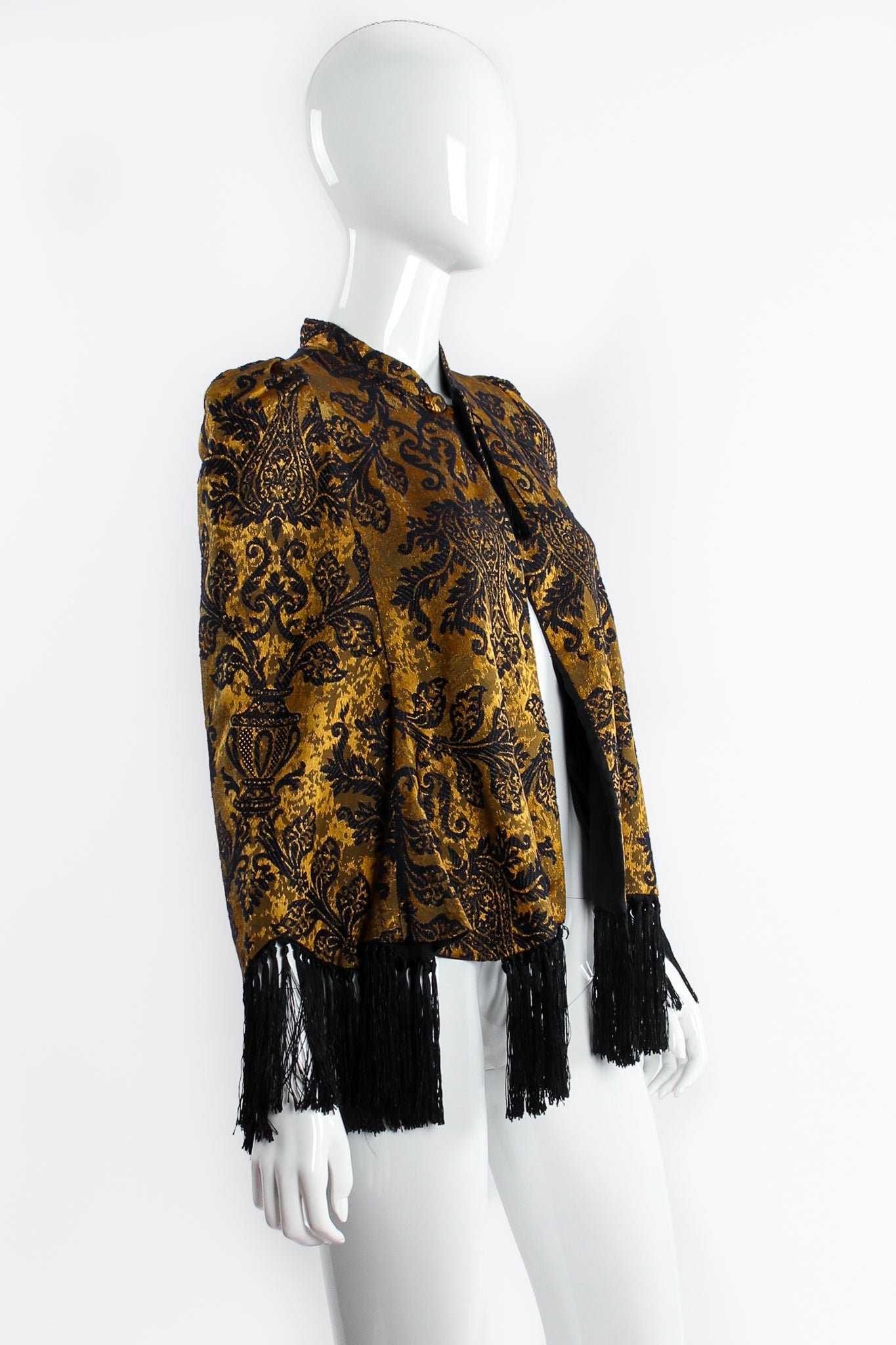 Vintage Wild Flower Brocade Fringe Capelet on mannequin angle at recess Los Angeles