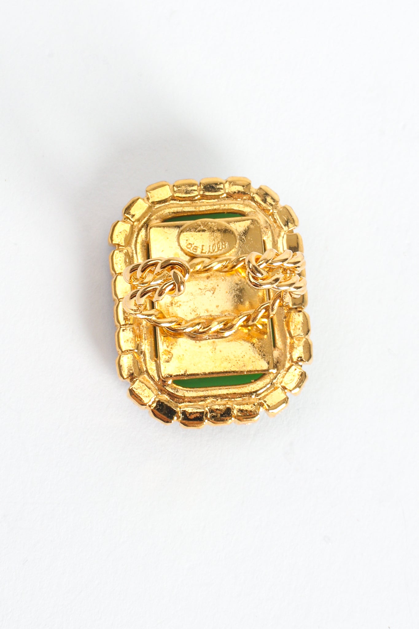 Vintage William deLillo Jade Cabochon Rhinestone Cocktail Ring signature cartouche at Recess LA