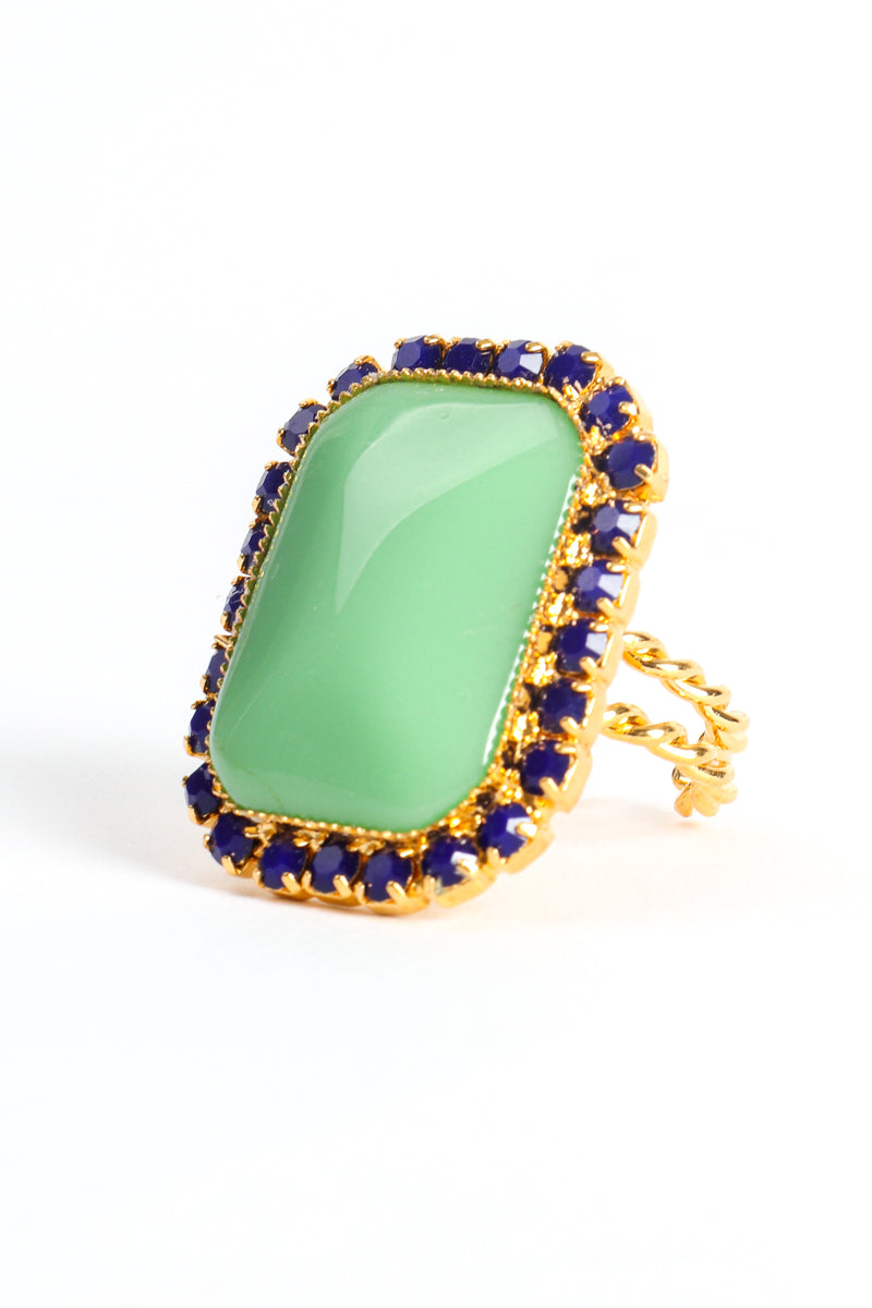 Vintage William deLillo Jade Cabochon Rhinestone Cocktail Ring angle at Recess Los Angeles