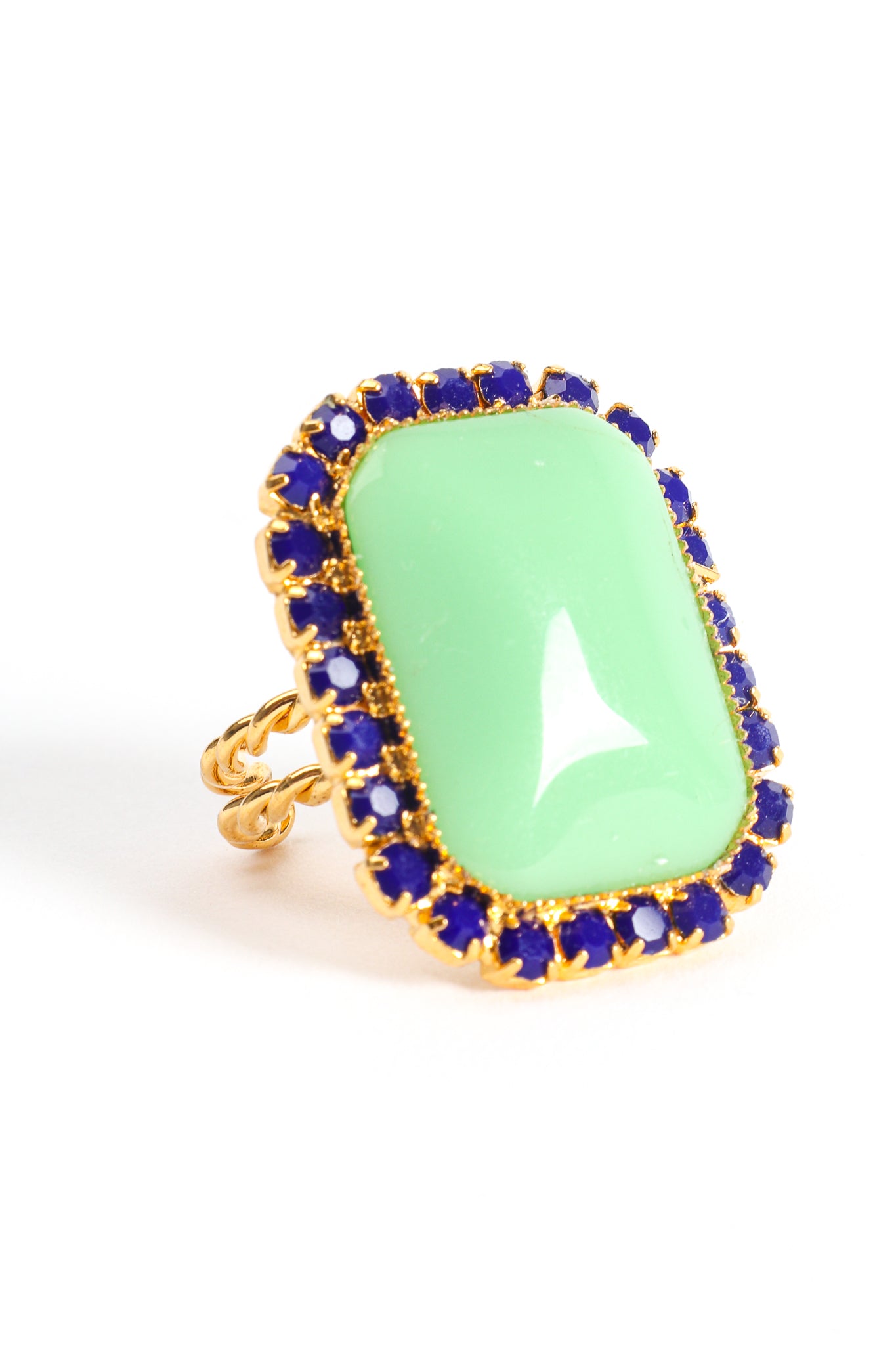 Vintage William deLillo Jade Cabochon Rhinestone Cocktail Ring angle at Recess Los Angeles