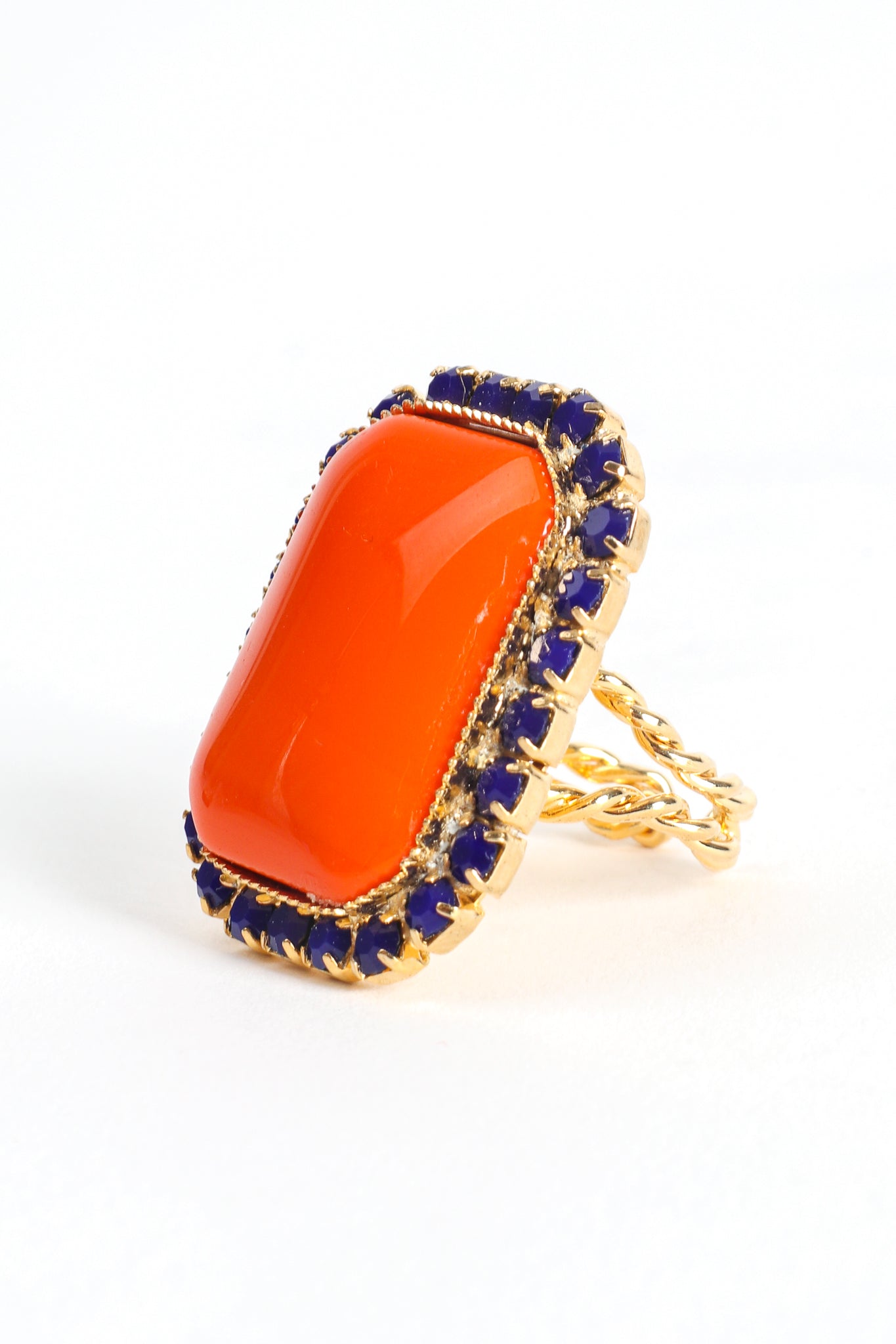 Vintage William deLillo Carnelian Cabochon Rhinestone Cocktail Ring angle at Recess Los Angeles