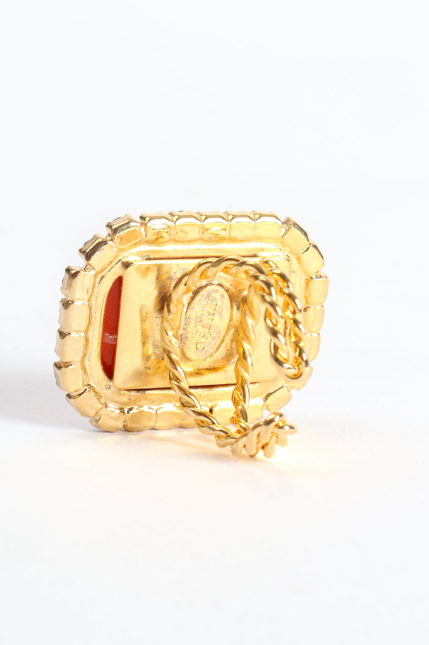 Vintage William deLillo Carnelian Cabochon Rhinestone Cocktail Ring back at Recess Los Angeles