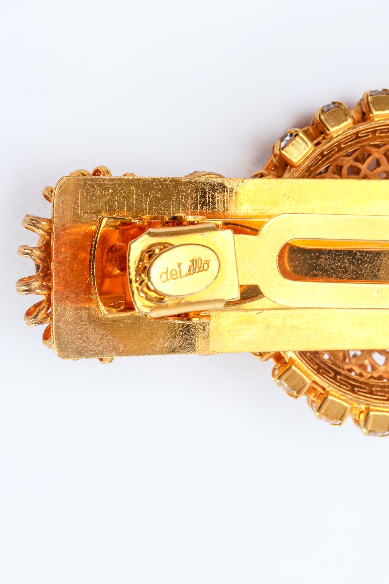 Vintage William deLillo Rhinestone Coil Medallion French Barrette signature cartouche at Recess Los Angeles