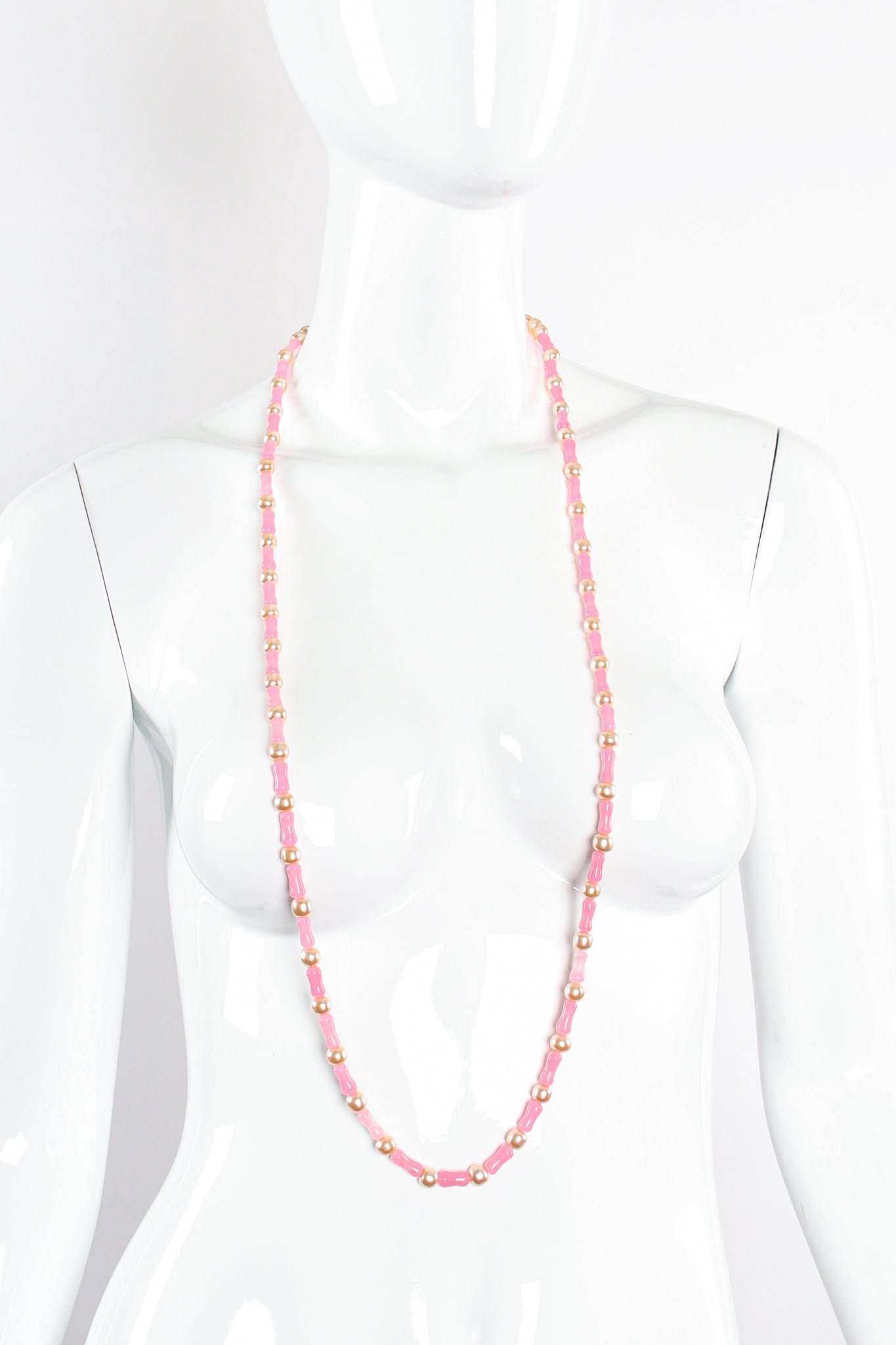 Vintage Unsigned William deLillo Pink Glass Bead and Pearl Layering Necklace on mannequin at Recess Los Angeles