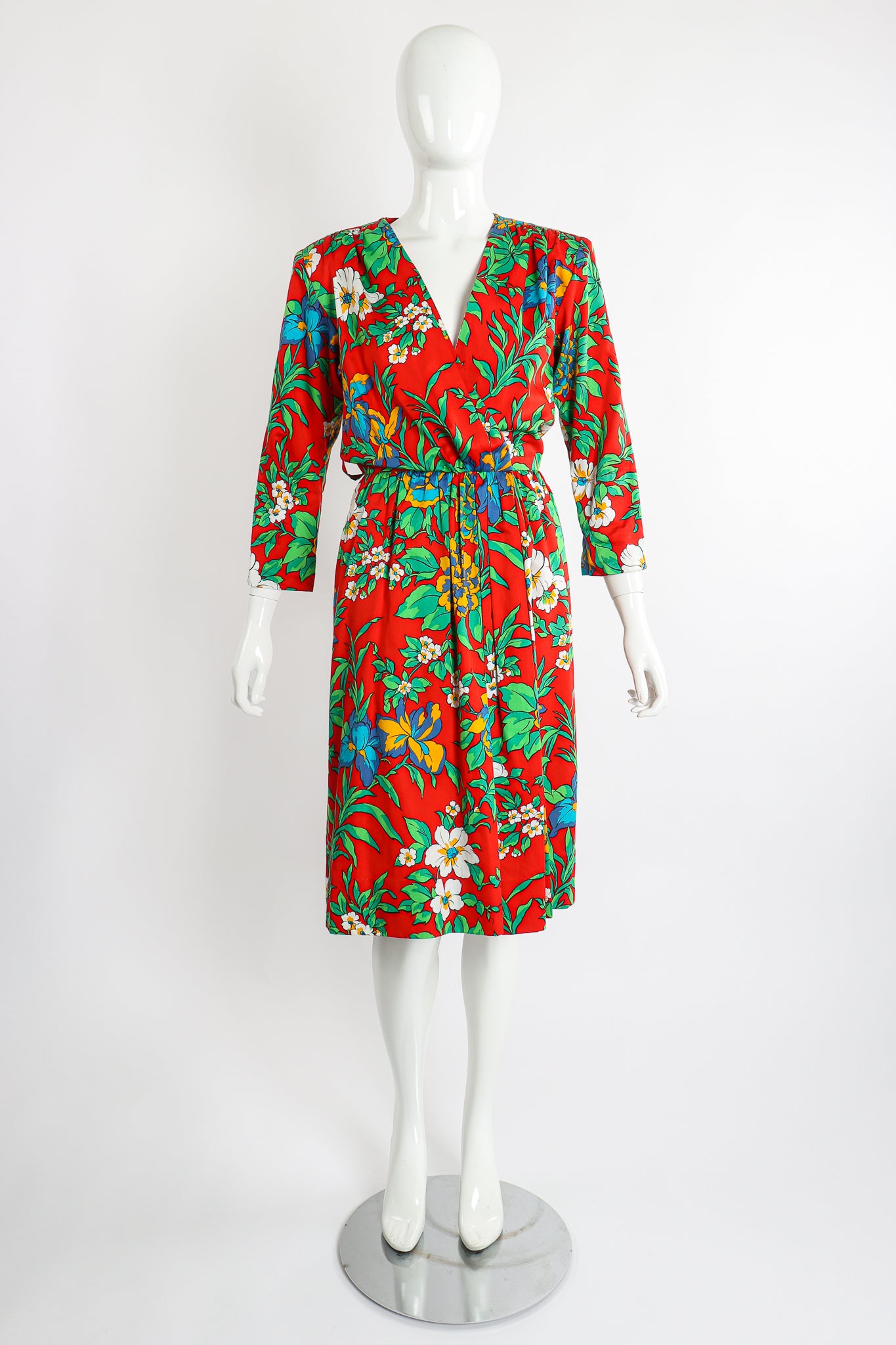 Vintage Yves Saint Laurent YSL Floral Sateen Wrap Dress on Mannequin Front at Recess LA