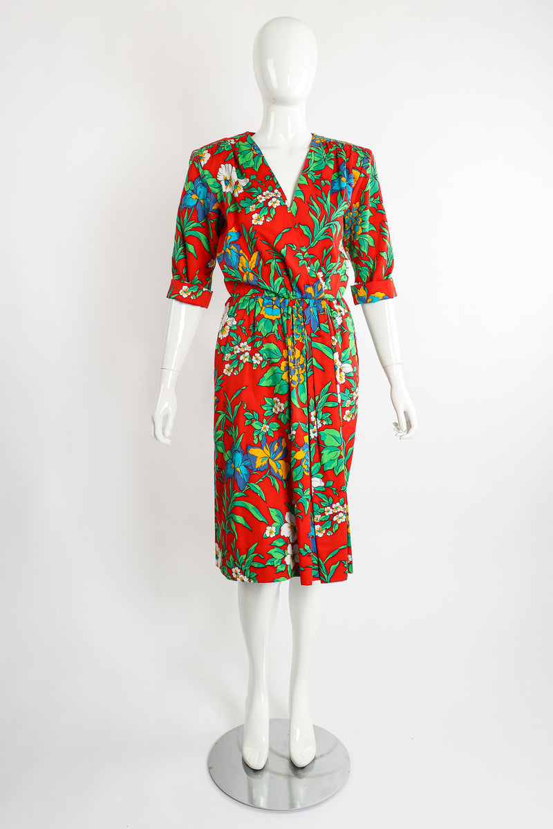 Vintage Yves Saint Laurent YSL Floral Sateen Wrap Dress on Mannequin Front at Recess LA