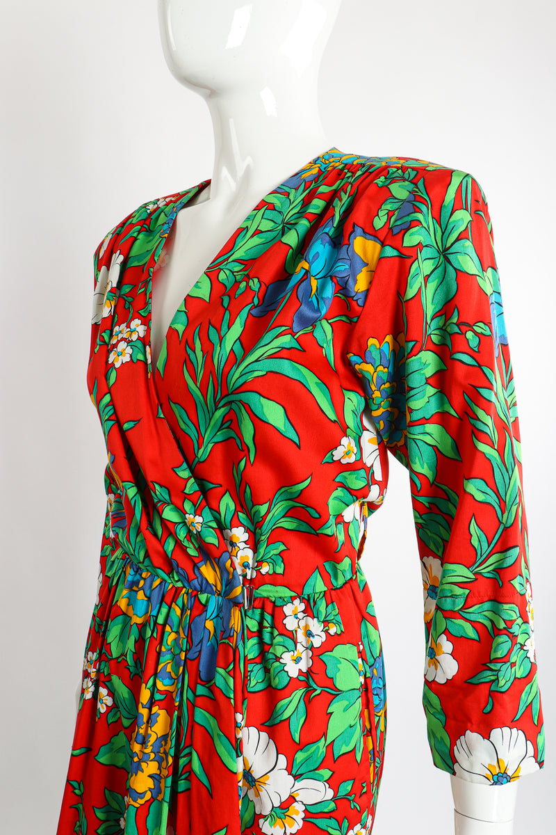 Vintage Yves Saint Laurent YSL Floral Sateen Wrap Dress on Mannequin Angle Crop at Recess LA