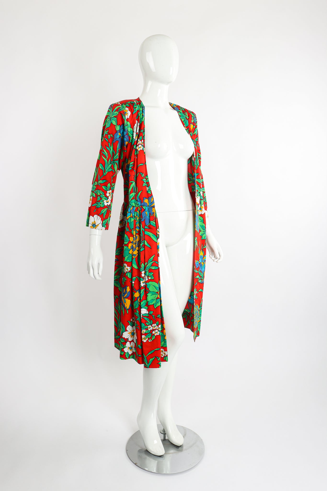 Vintage Yves Saint Laurent YSL Floral Sateen Wrap Dress on Mannequin Open at Recess LA