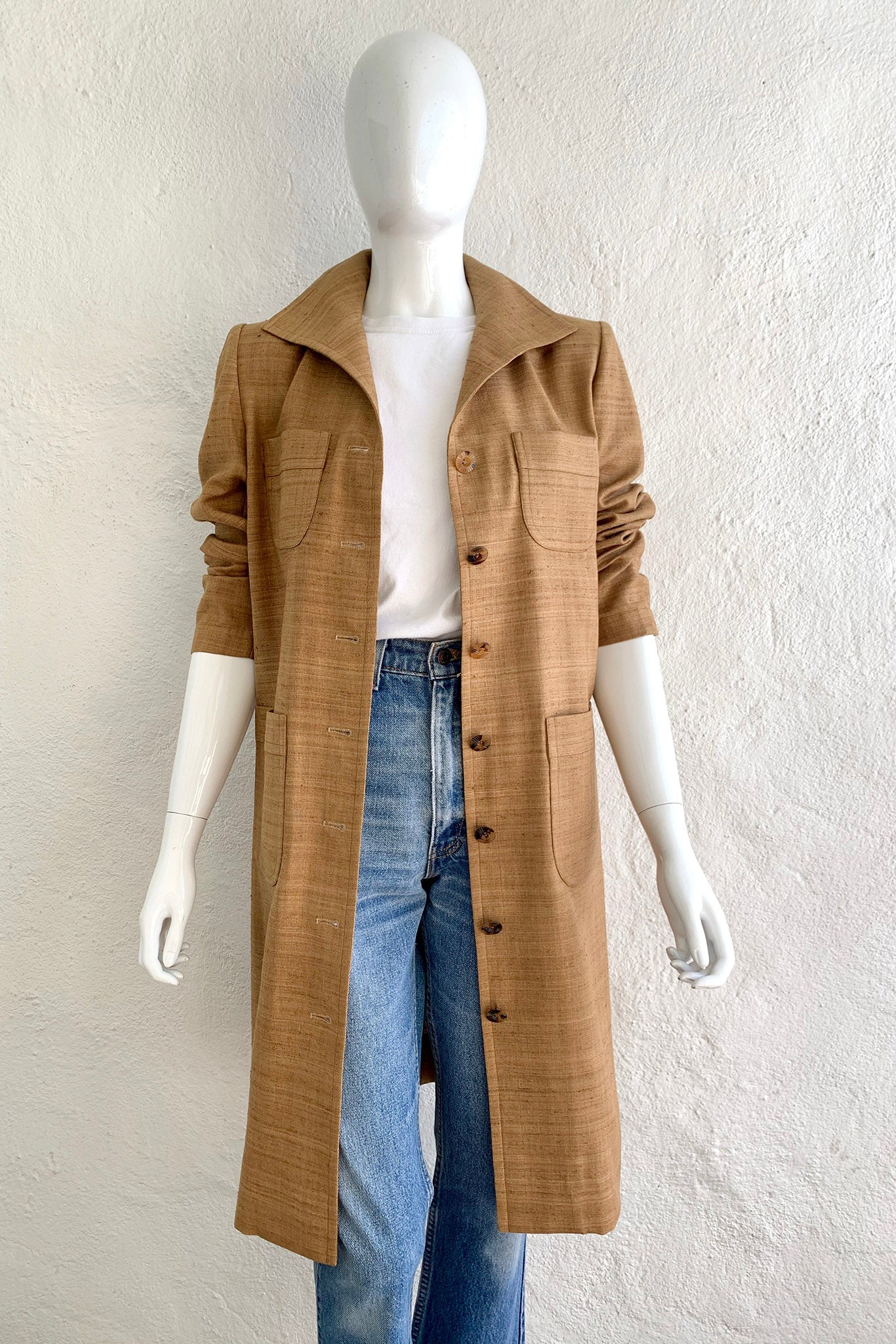 Vintage YSL Yves Saint Laurent Tan Silk Tussah Duster on Mannequin Front Crop at Recess Los Angeles