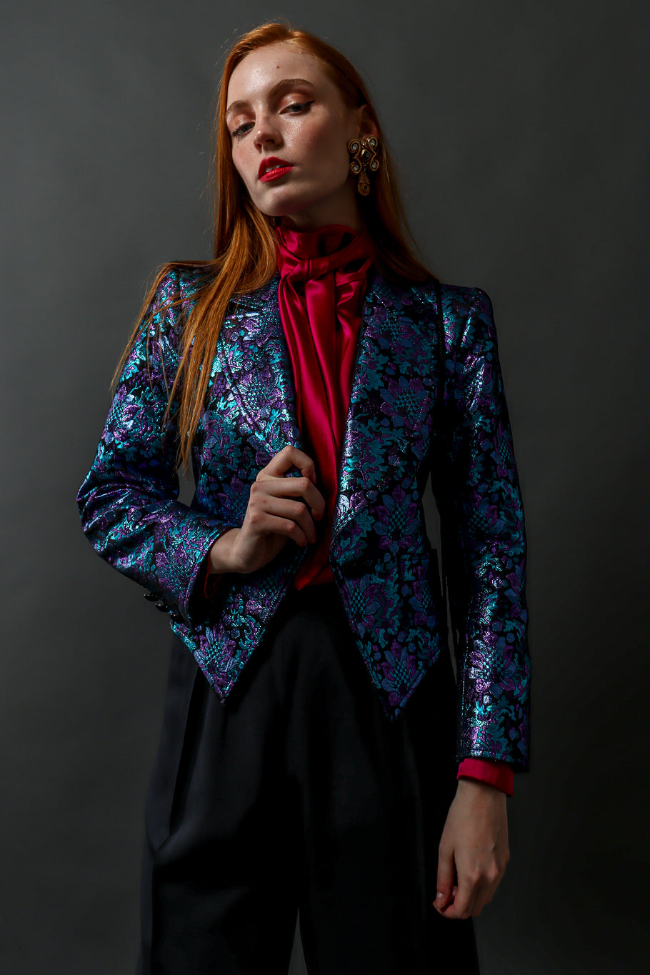 Vintage Saint Laurent 1980s Floral Brocade Metallic Jacket & Bag Set on model Emily @ Recess LA