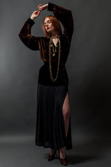 Vintage Yves Saint Laurent Silk Velvet Pleated Skirt on model Emily @ Recess Los Angeles