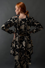 Vintage 80s Yves Saint Laurent Silk Fan Print Top & Skirt Set on model Emily @ Recess LA