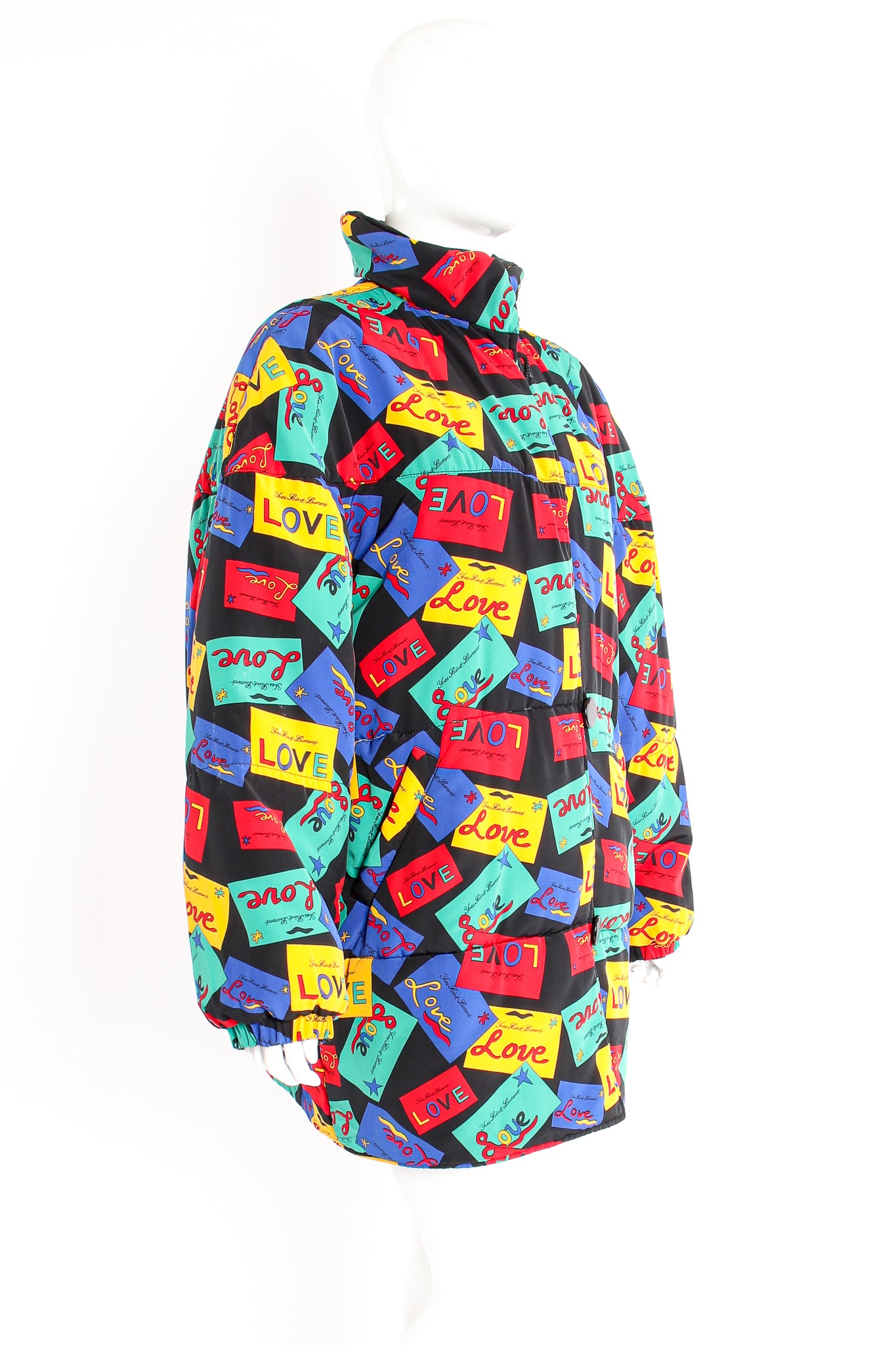 Vintage YSL Yves Saint Laurent Reversible Love Cards Puffer Coat on Mannequin angle at Recess LA