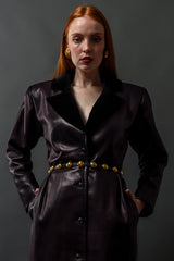 Vintage Saint Laurent 1980s Leather Dress Coat on model Emily @ Recess Los Angeles