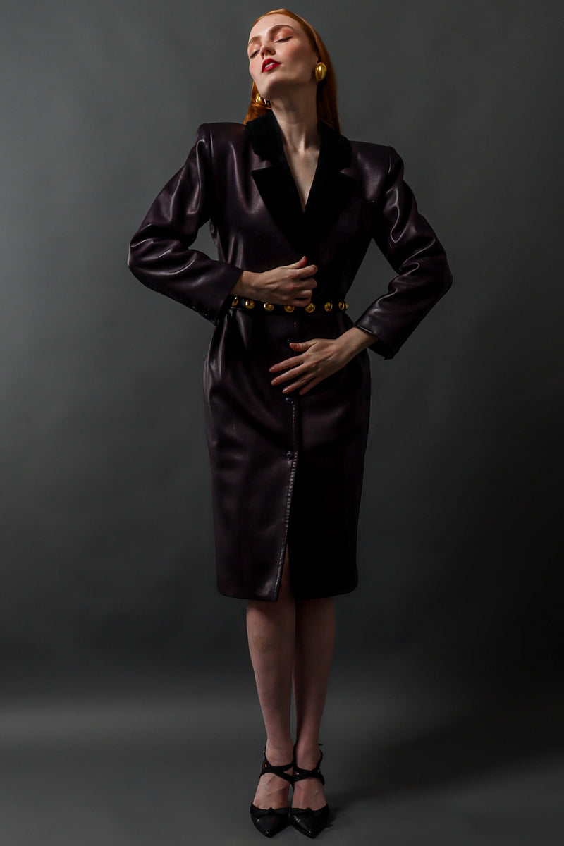 Vintage Saint Laurent 1980s Leather Dress Coat on model Emily @ Recess Los Angeles