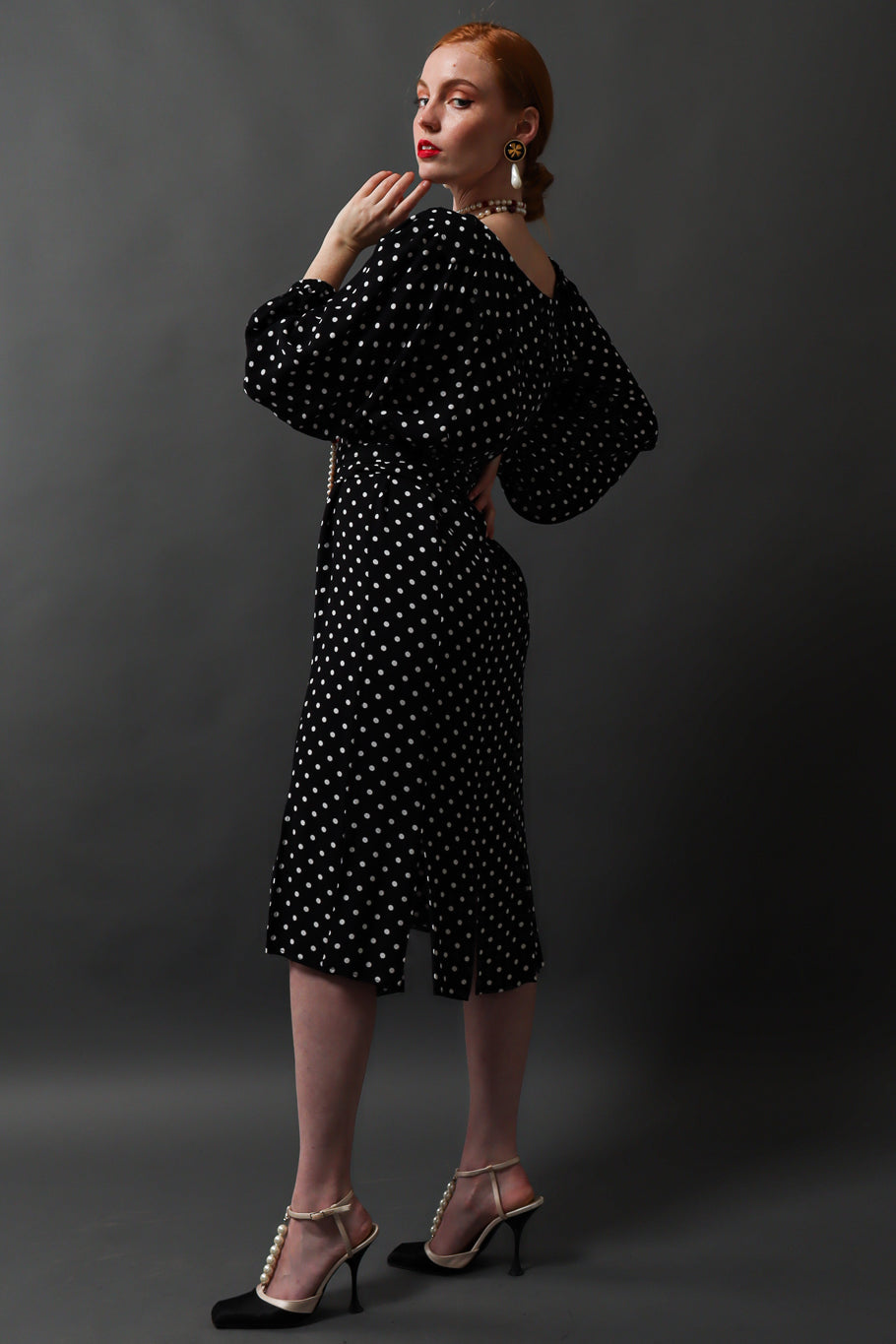 Vintage Saint Laurent 1981 S/S Polka Dot Carwash Pleat Dress on model Emily @ Recess Los Angeles